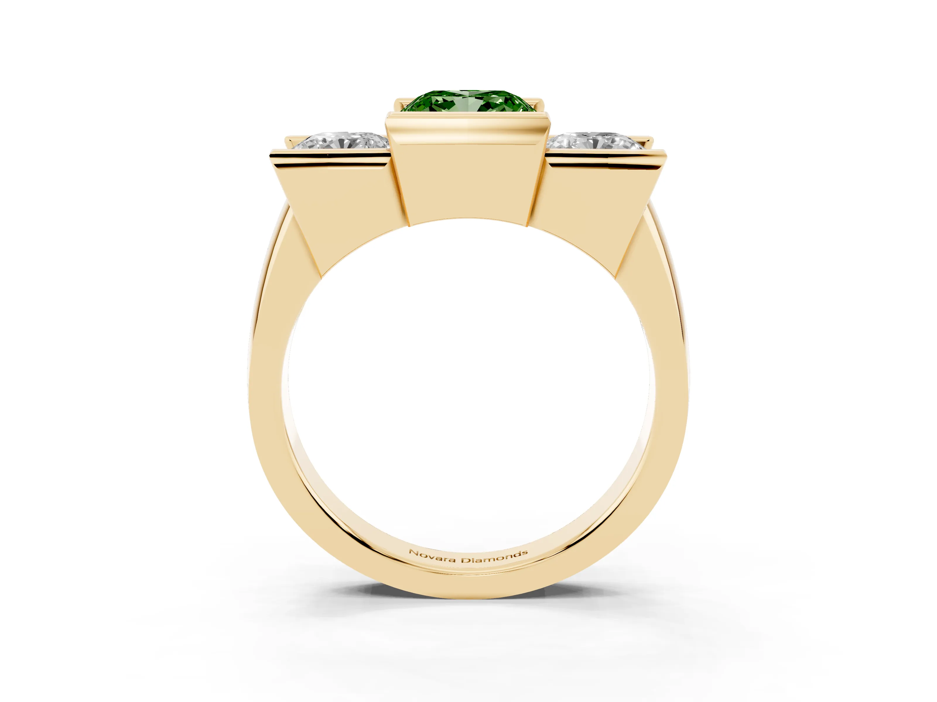 Fancy Green Cushion Cut Diamond Three-Stone Channel Set Ring Set in Yellow gold with Smooth Polished Band
