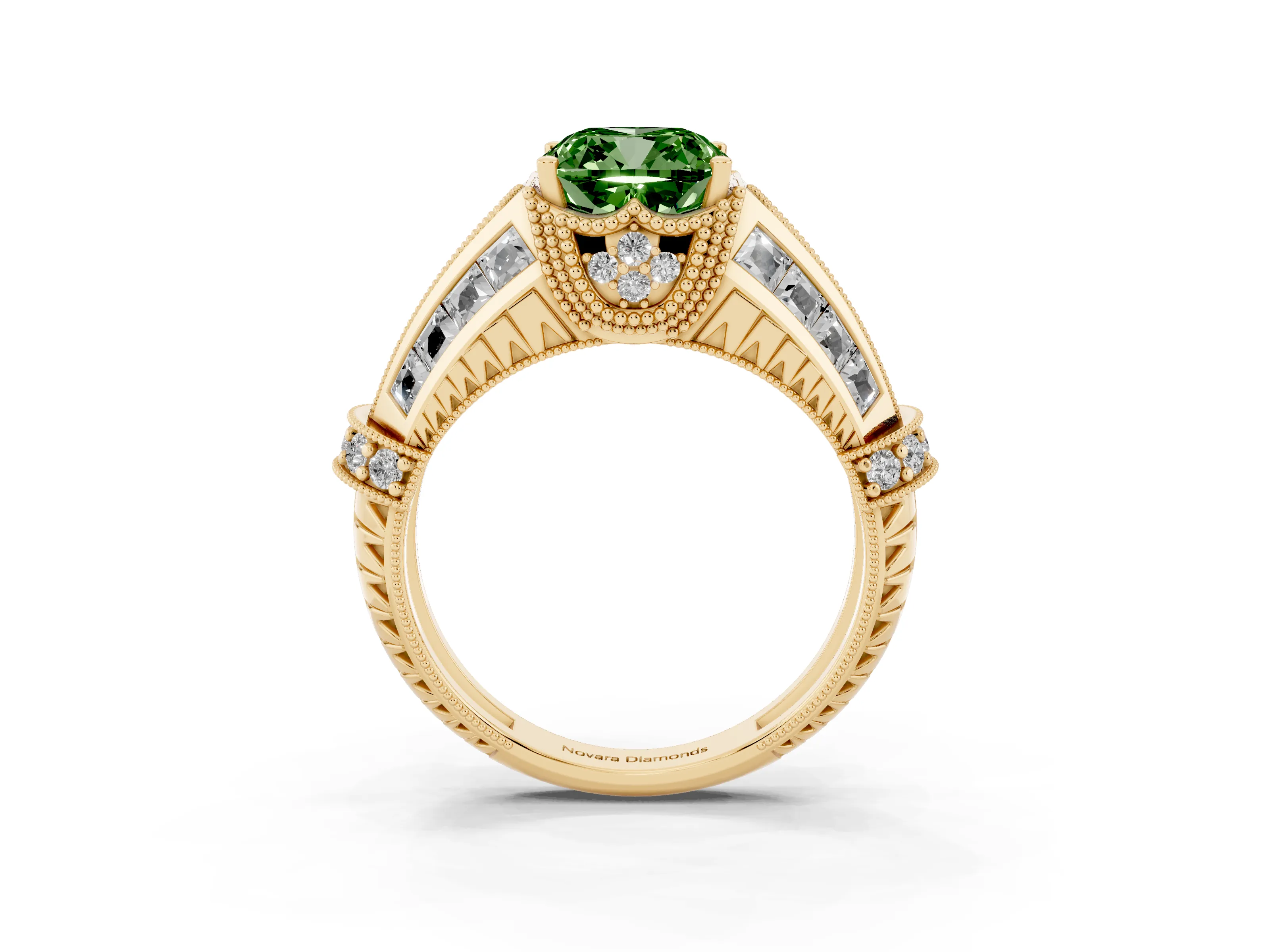 Fancy Green Cushion Cut Diamond Vintage-Inspired Milgrain Ring Set in Yellow gold with Accent Split Shank