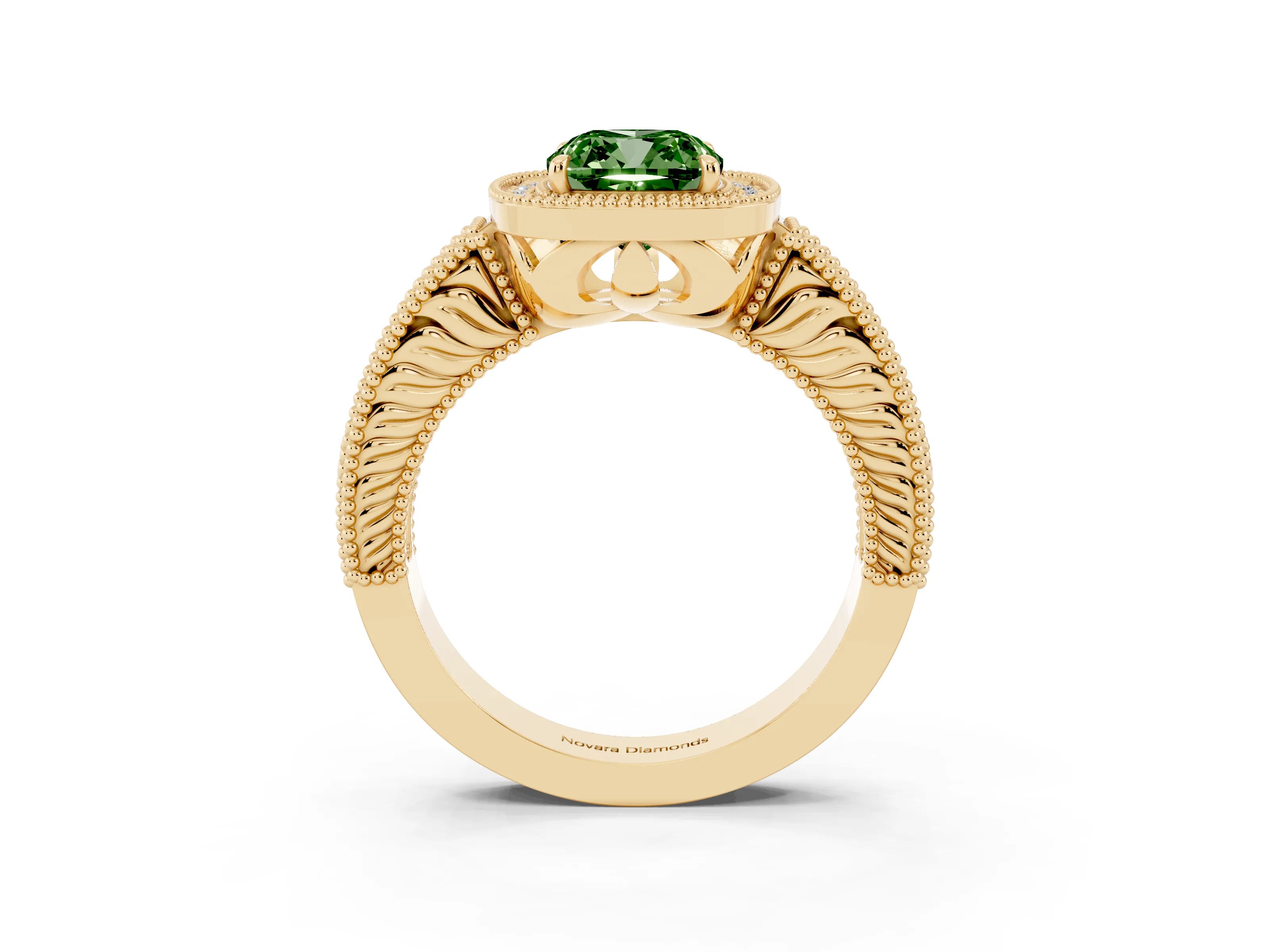Fancy Green Cushion Cut Diamond Halo Ring Set in Yellow gold with Round Accent Halo, Pavé Band and Prong Setting
