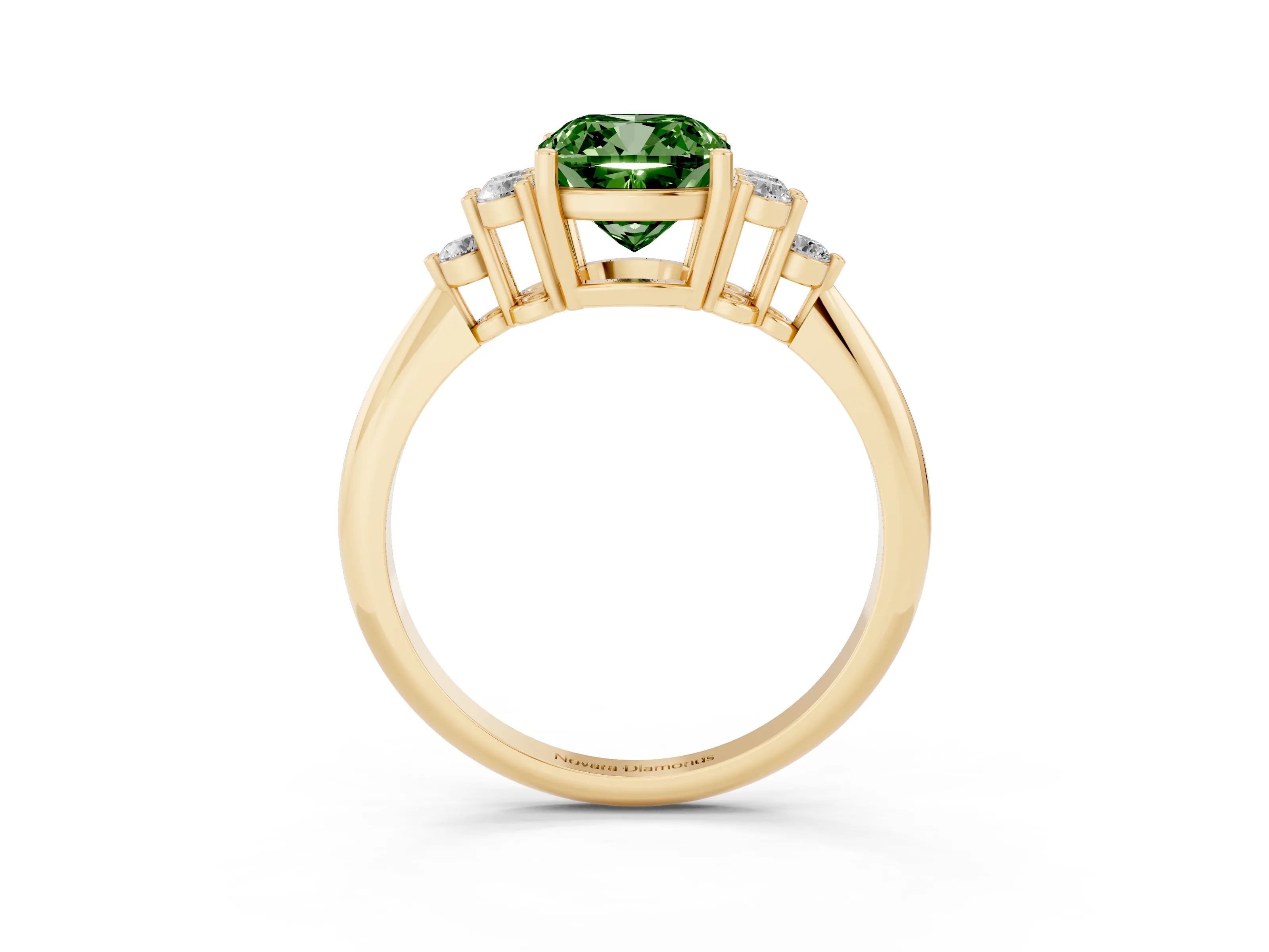 Fancy Green Cushion Cut Diamond Cluster Ring Set in Yellow gold with Plain Band and Prong Setting