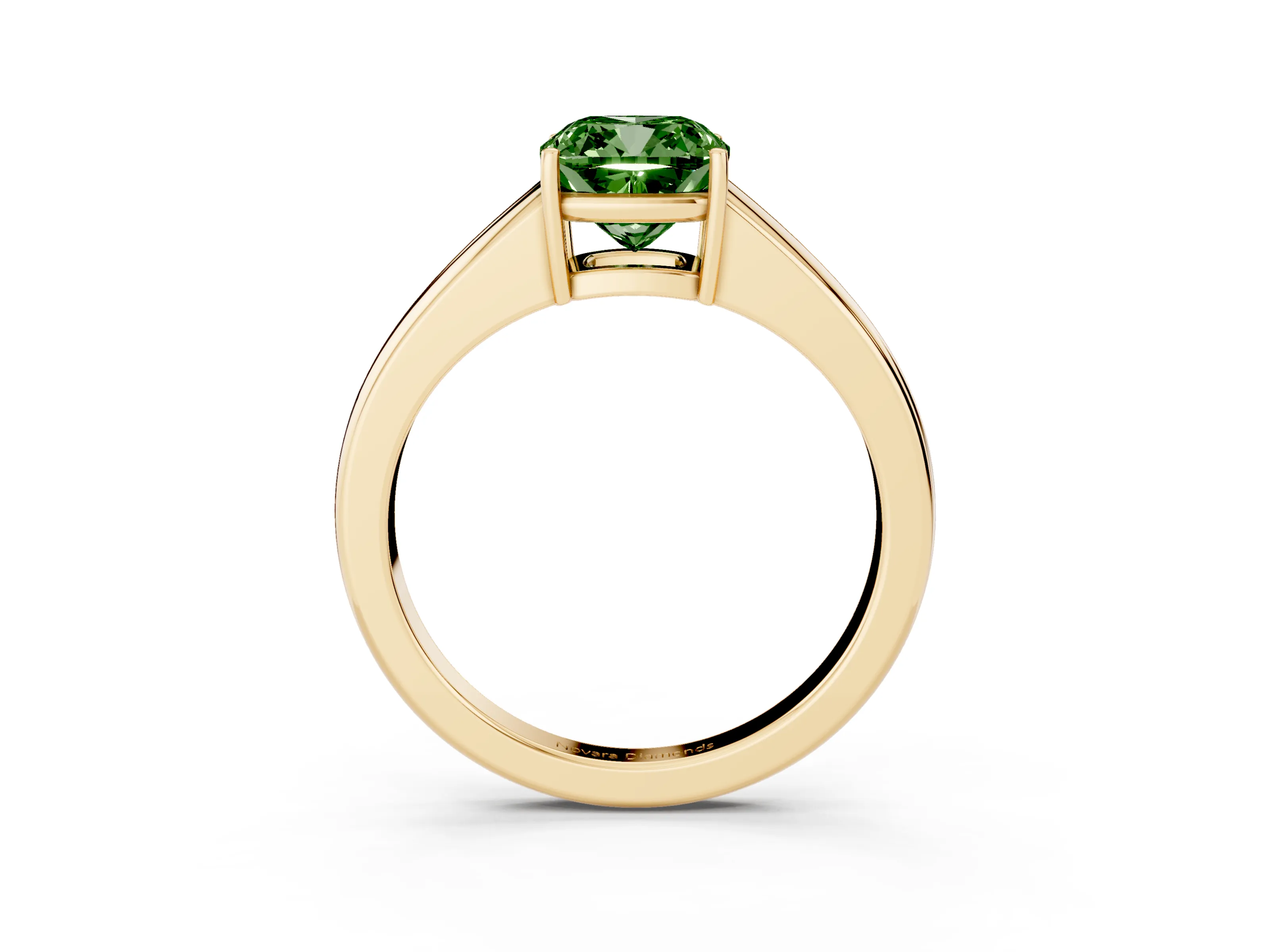 Fancy Green Cushion Cut Diamond Solitaire Ring Set in Yellow gold with Tapered Band and Prong Setting