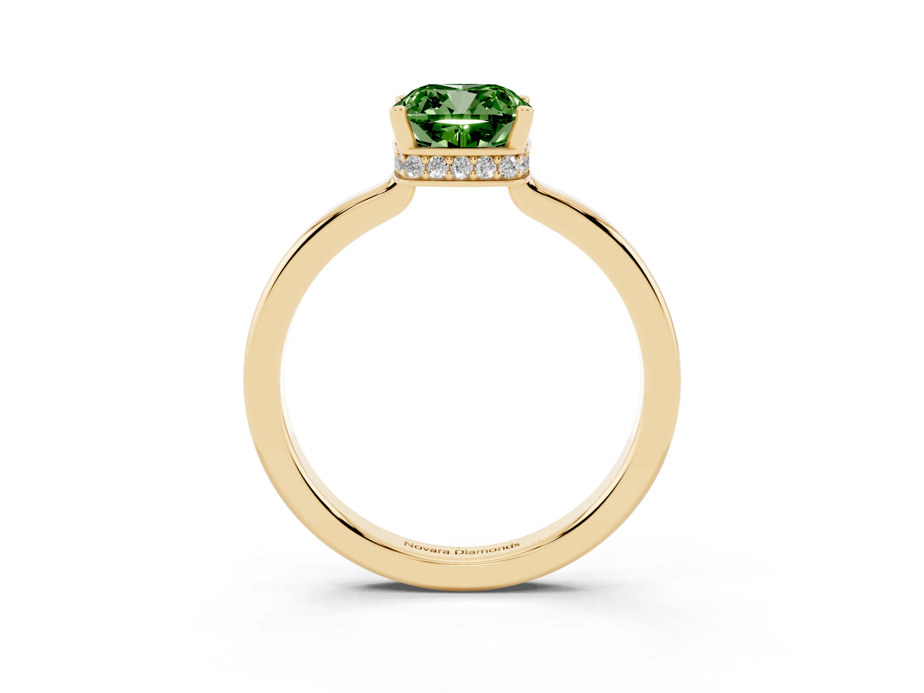 Fancy Green Cushion Cut Diamond Solitaire Engagement Ring Set in Yellow gold with Prong Setting on a Plain Band