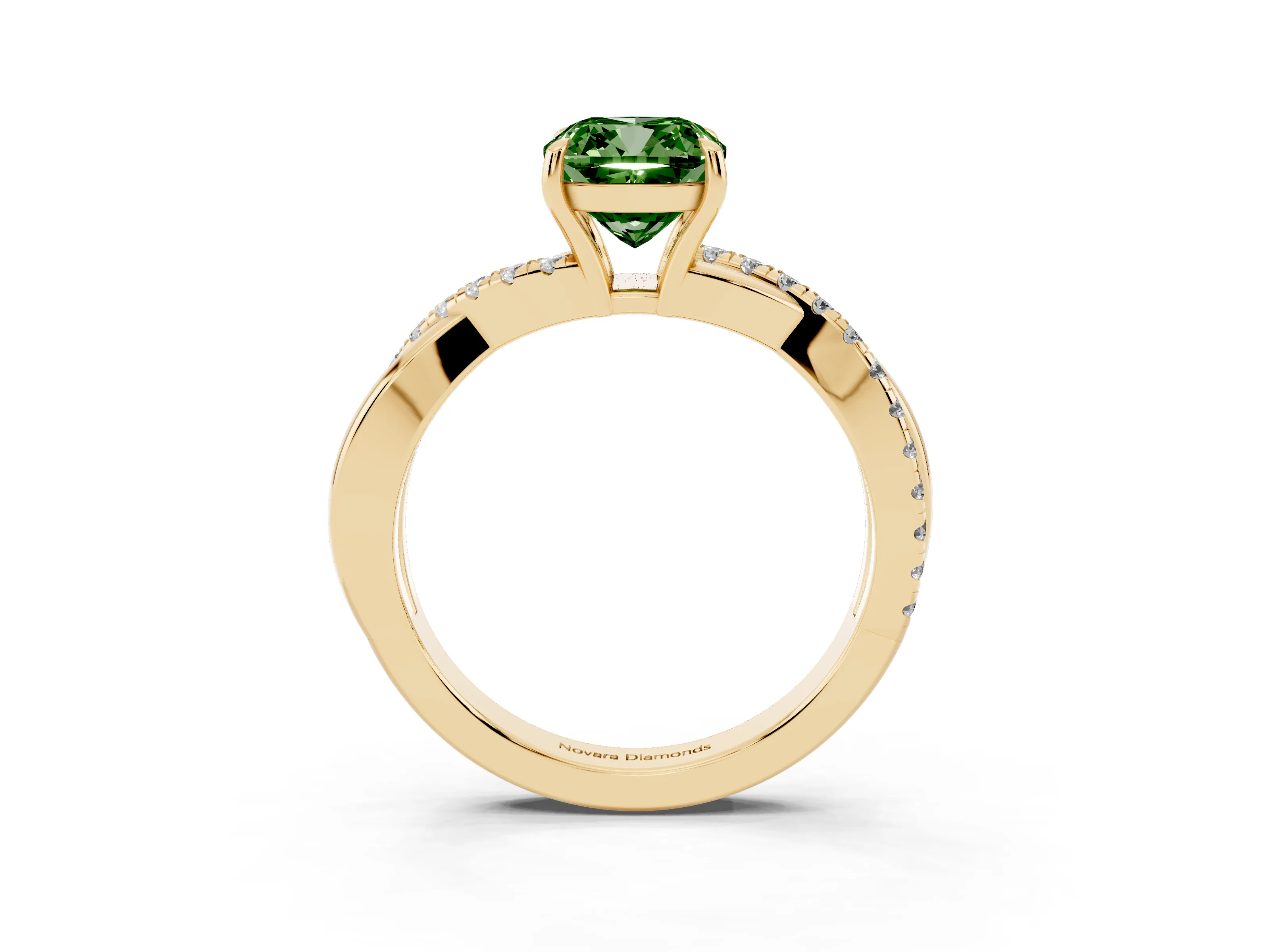 Fancy Green Cushion Cut Diamond Twisted Pavé Band Ring Set in Yellow gold with Prong Setting