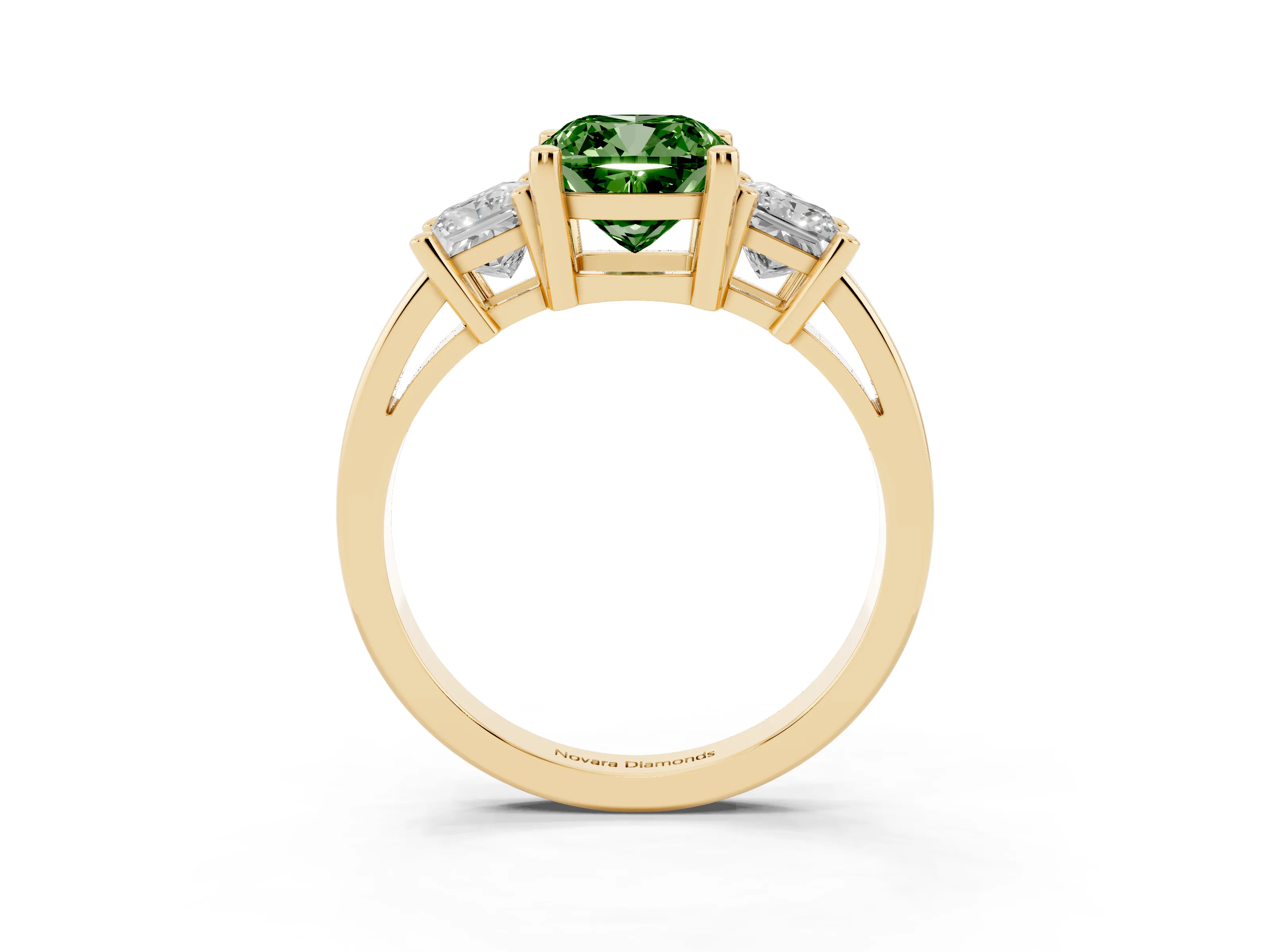 Fancy Green Three-Stone Cushion Cut Diamond Solitaire Ring Set in Yellow gold with Prong Setting