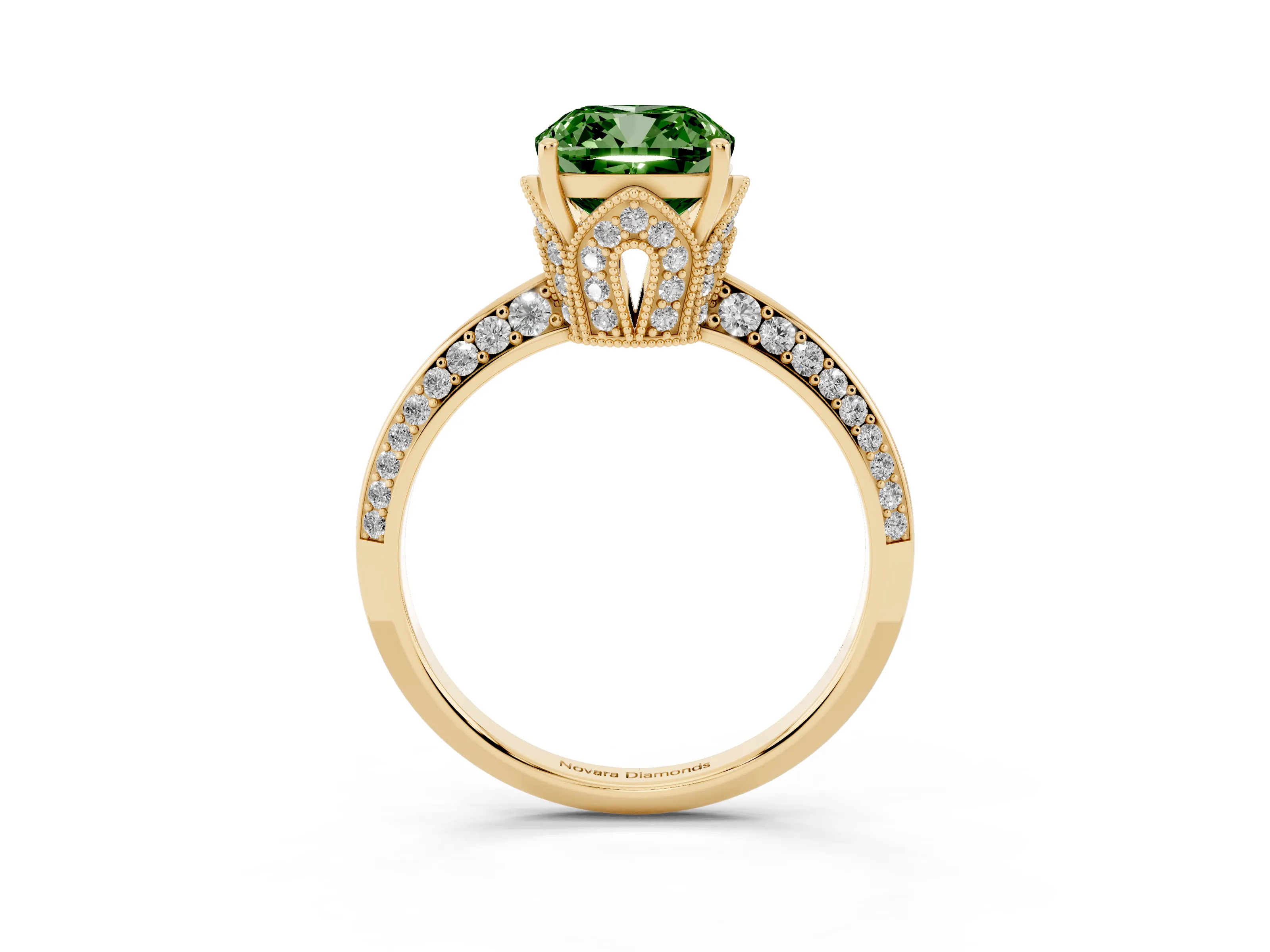 Fancy Green Cushion Cut Diamond Solitaire Engagement Ring Set in Yellow gold with Pavé Split Shank and Prong Setting