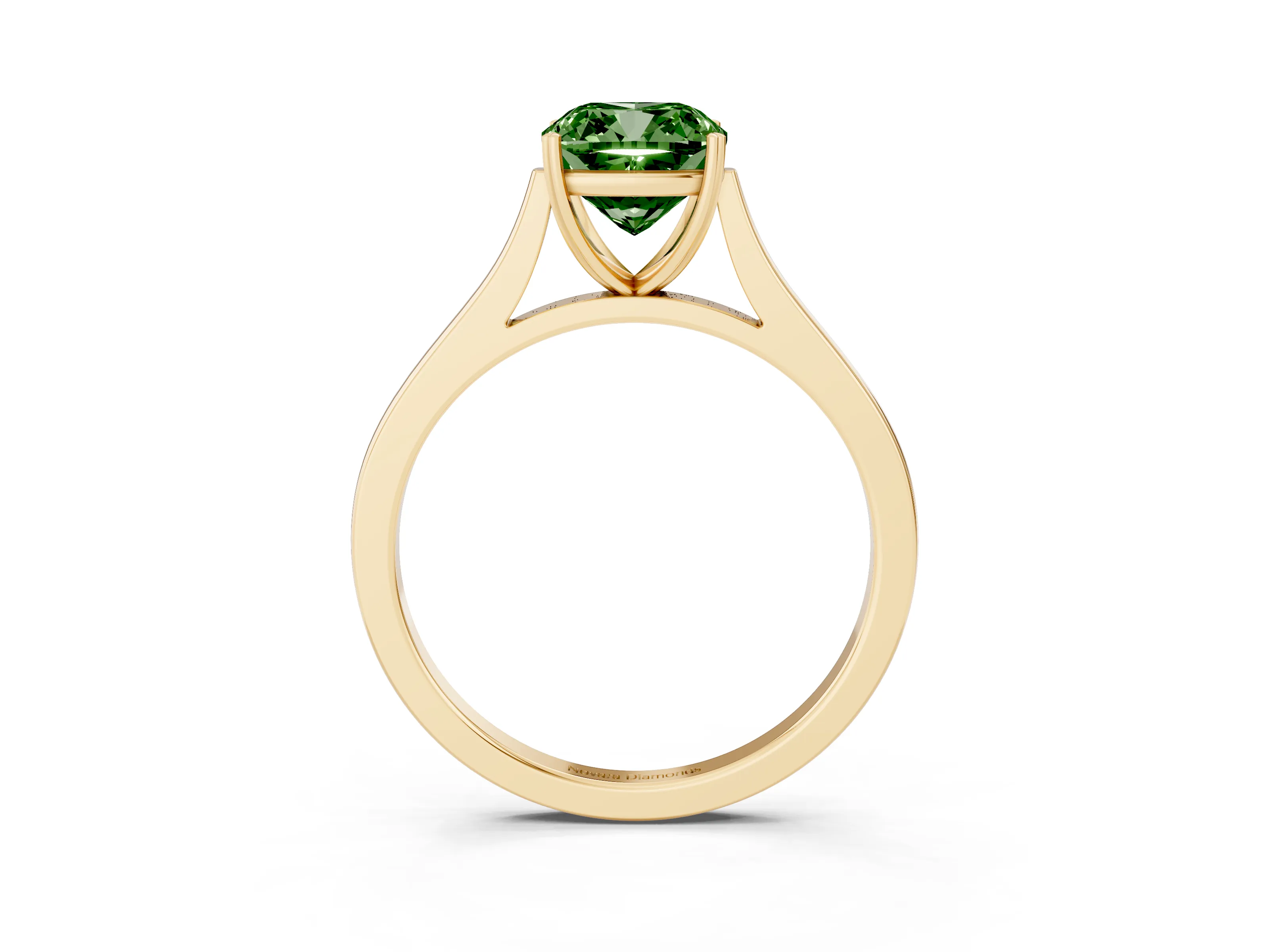 Fancy Green Cushion Cut Diamond Solitaire Heart Prong Engagement Ring Set in Yellow gold with Tapered Band