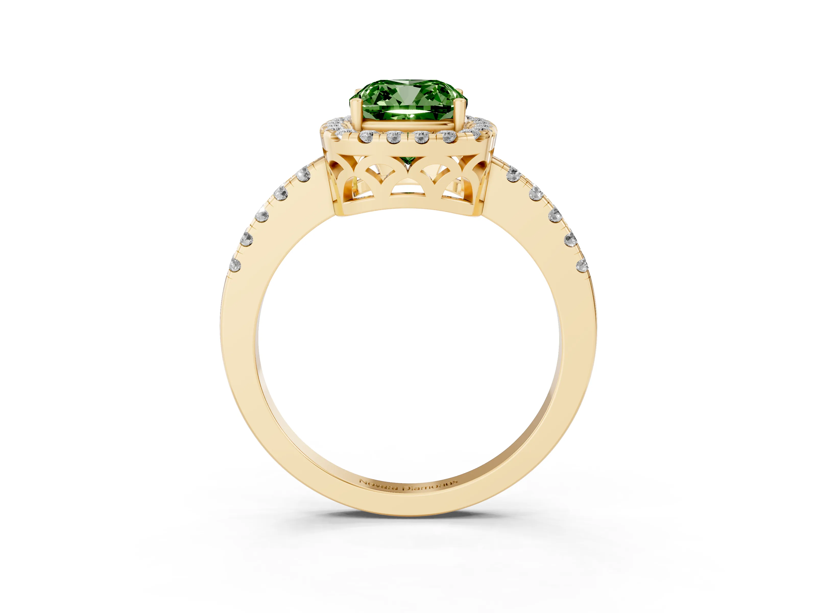 Fancy Green Cushion Cut Diamond Pavé Band Halo Engagement Ring Set in Yellow gold with Prong Setting