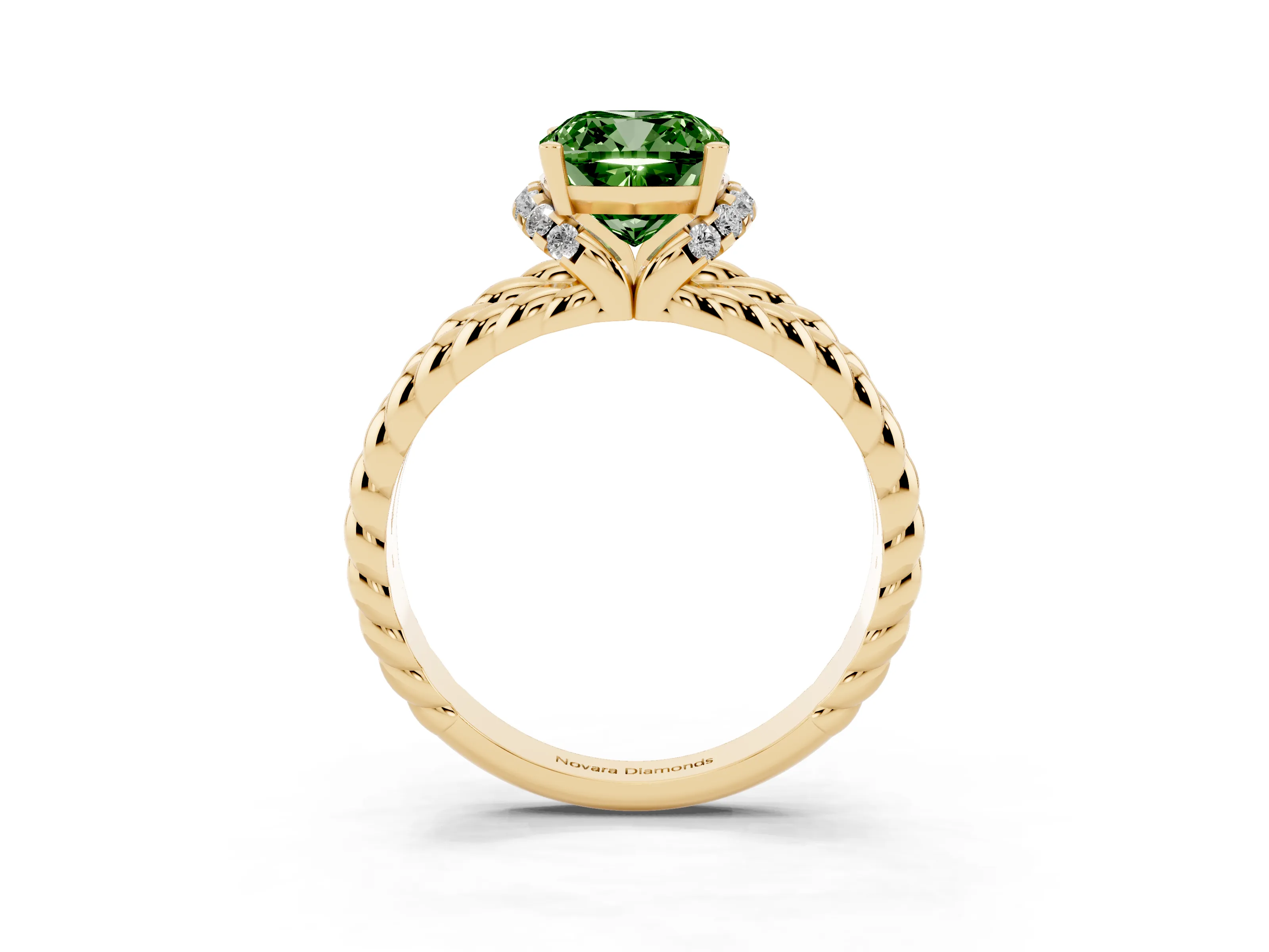 Fancy Green Cushion Cut Diamond Halo Ring Set in Yellow gold with Twisted Band and Prong Setting
