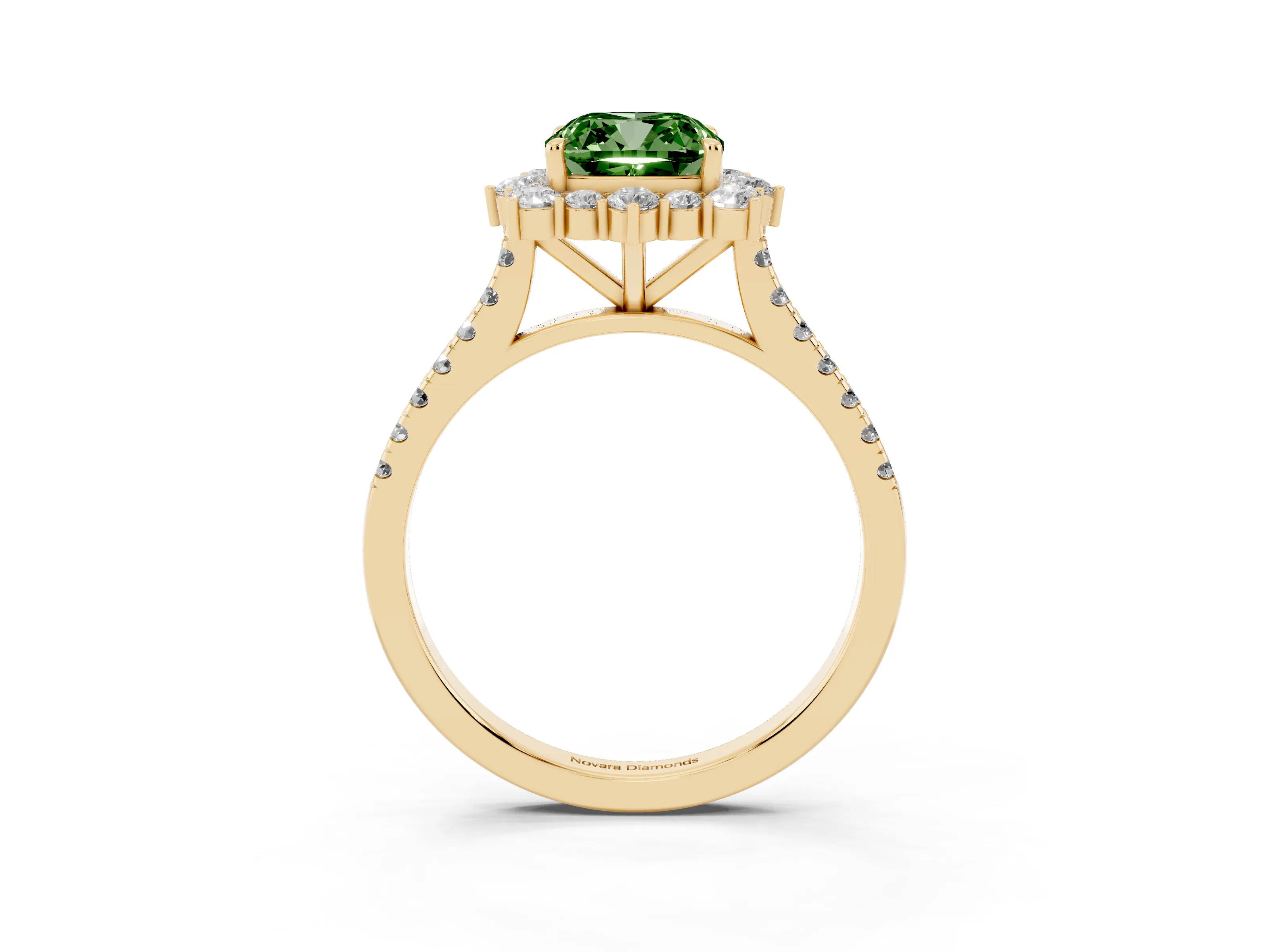 Fancy Green Cushion Cut Diamond Halo Ring Set in Yellow gold with Pavé Band and Prong Setting