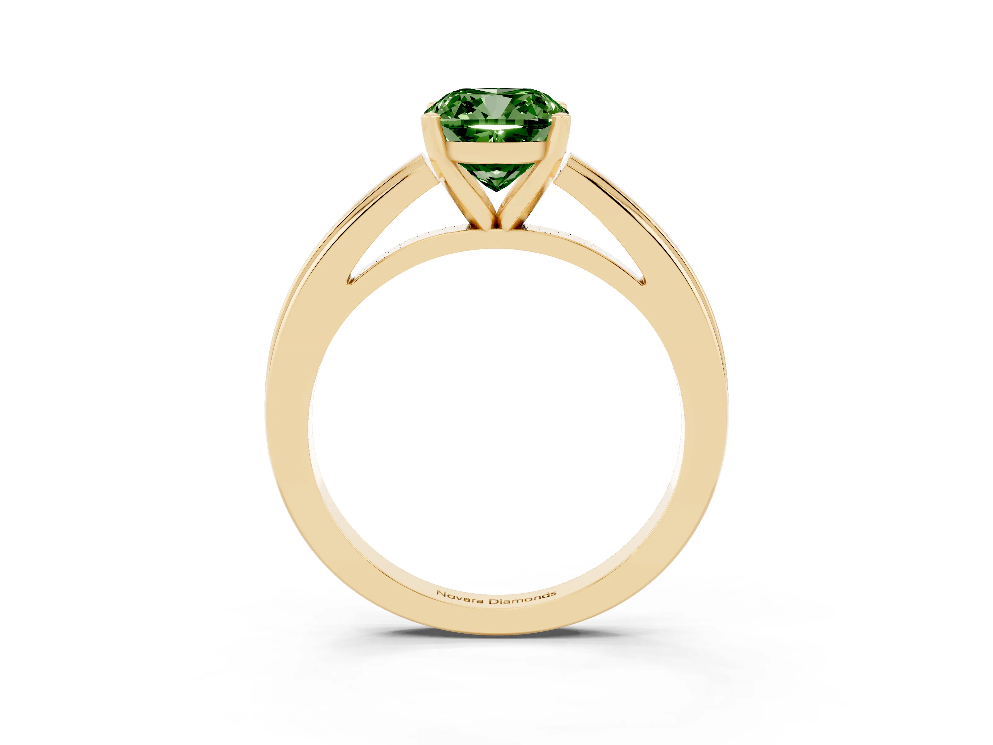 Fancy Green Cushion Cut Diamond Solitaire Ring Set in Yellow gold with Prong Setting and Classic Band