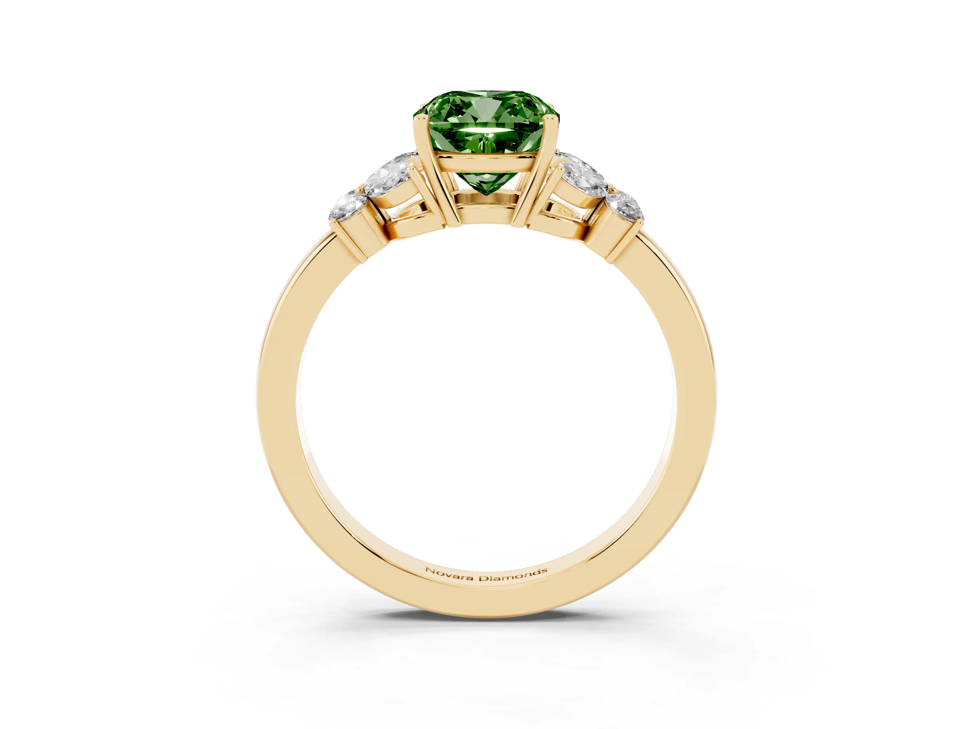 Fancy Green Cushion Cut Diamond Solitaire Floral Ring Set in Yellow gold with Marquise Petals and Prong Setting