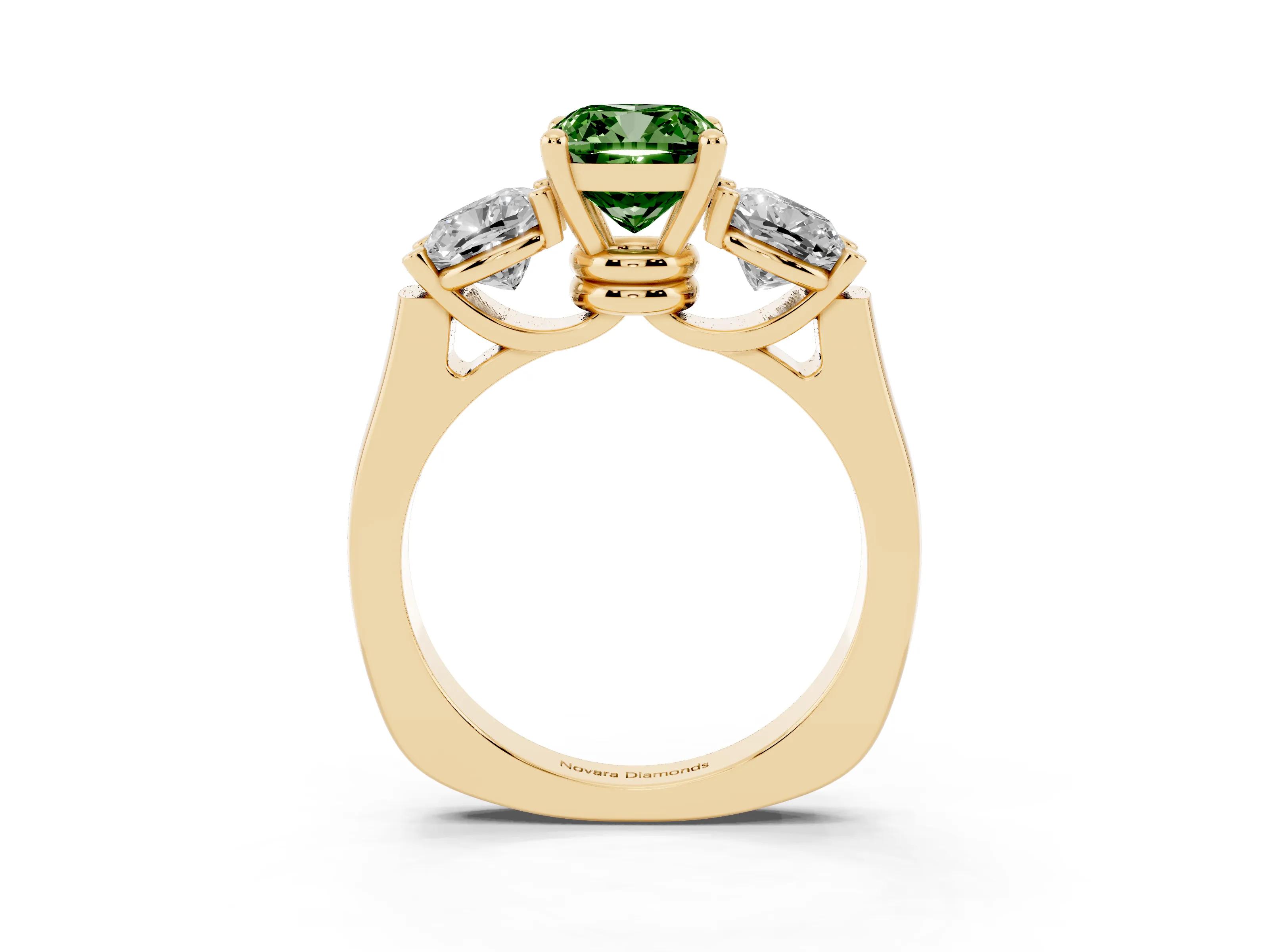 Fancy Green Cushion Cut Diamond Three-Stone Trellis Ring Set in Yellow gold with Comfort Fit Band