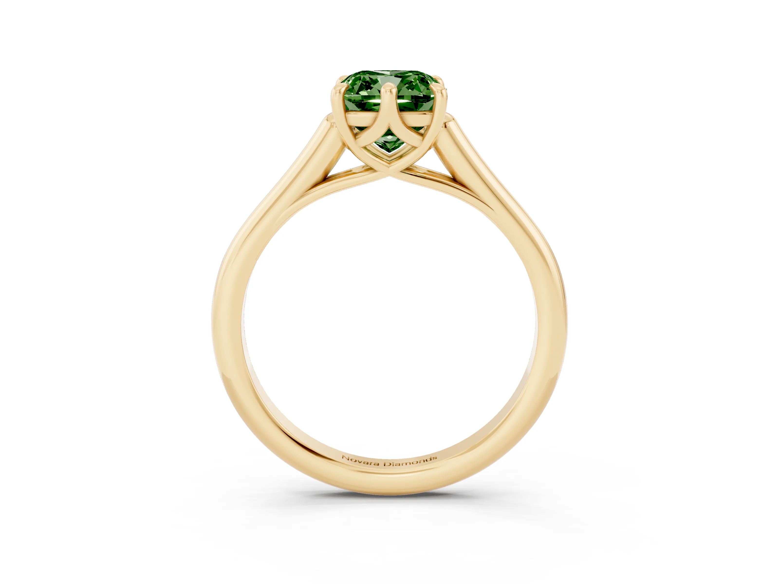 Fancy Green Cushion Cut Diamond Solitaire Engagement Ring Set in Yellow gold with Prong Setting and Plain Classic Band