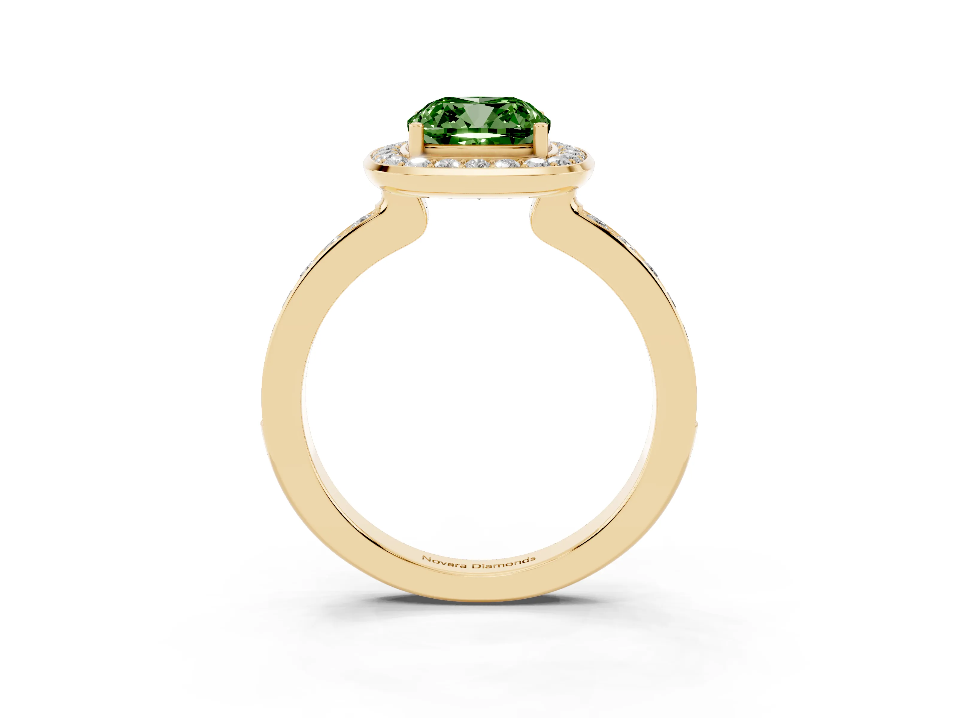 Fancy Green Cushion Cut Diamond Halo Ring Set in Yellow gold with Bezel Frame and Pavé Band