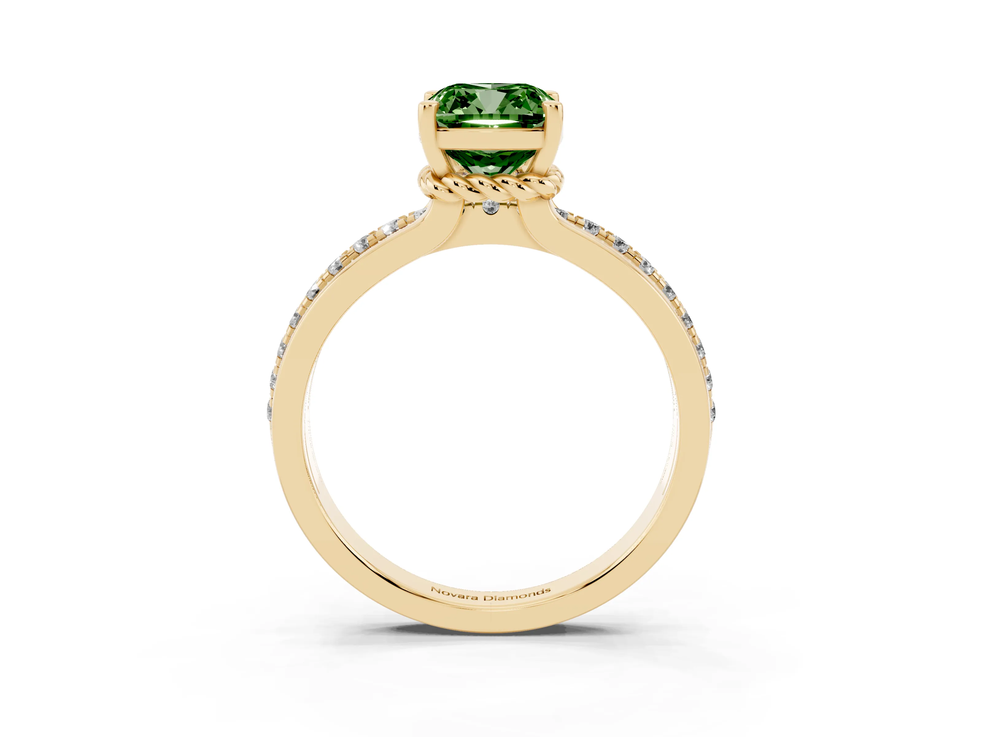 Fancy Green Cushion Cut Diamond Solitaire Ring Set in Yellow gold with Channel Set Band and Prong Setting