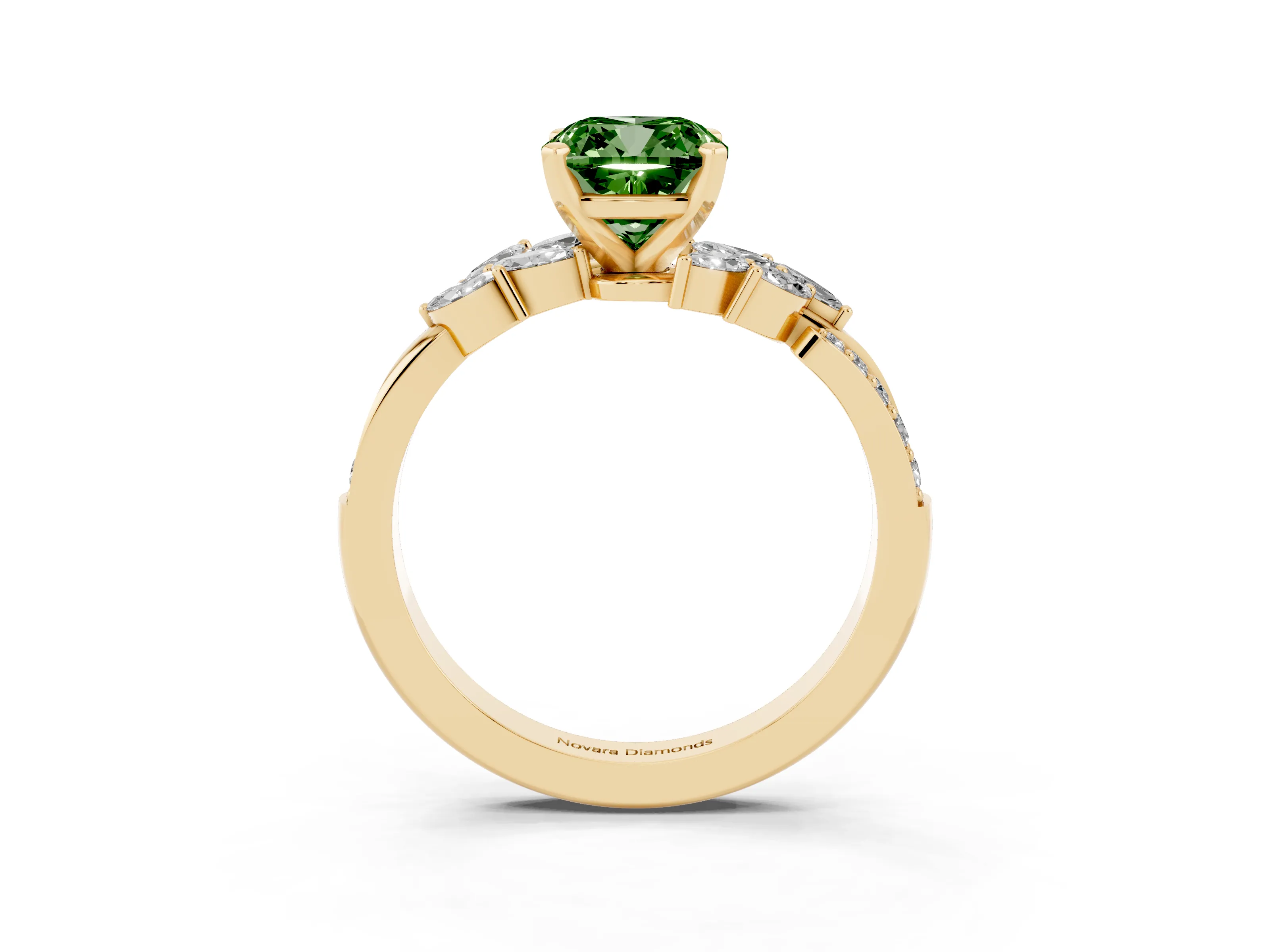 Fancy Green Cushion Cut Diamond Solitaire Ring Set in Yellow gold with Marquise Twist Band and Prong Setting