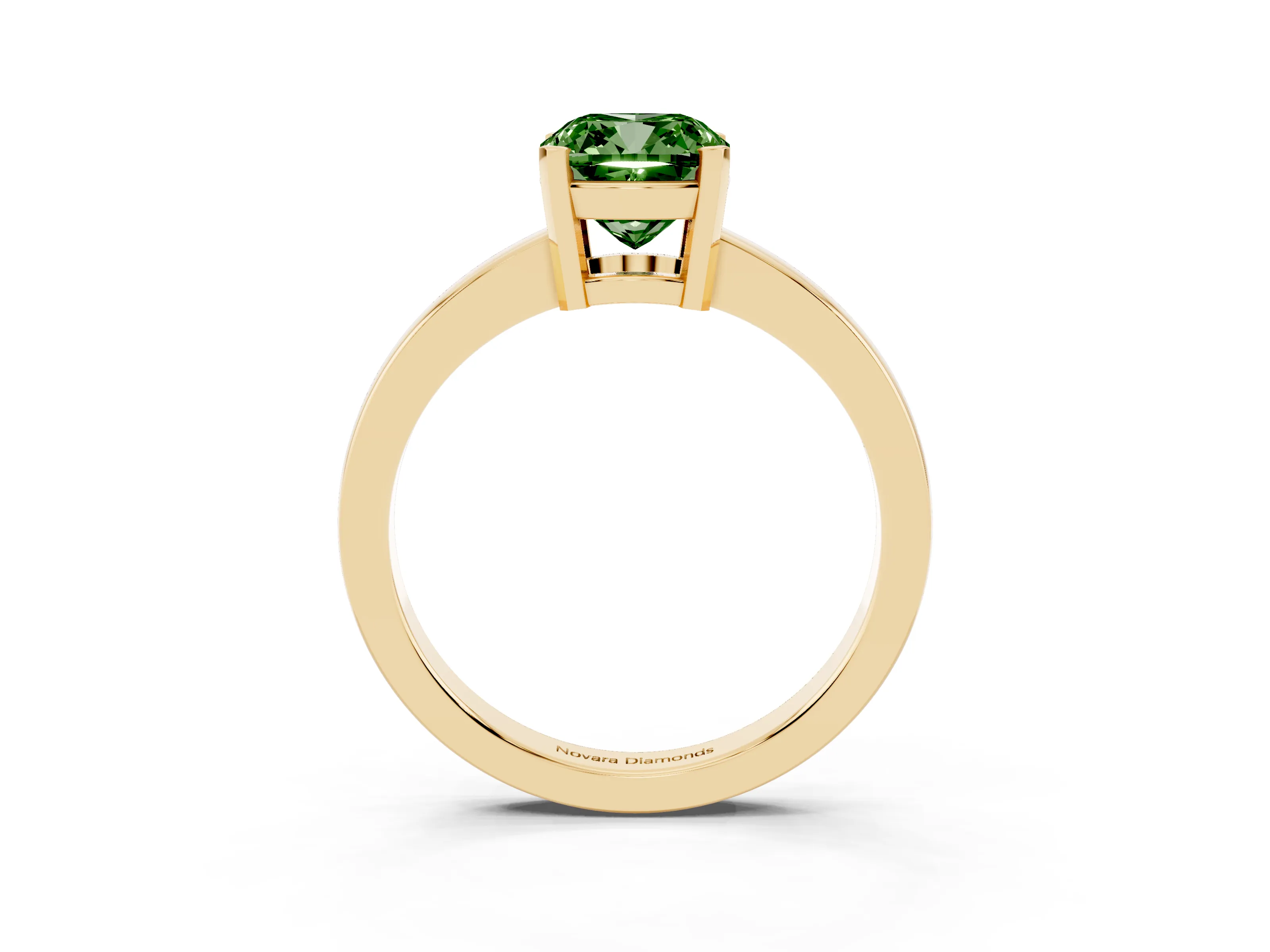 Fancy Green Cushion Cut Diamond Solitaire Ring Set in Yellow gold with Prong Head and Smooth Polished Band