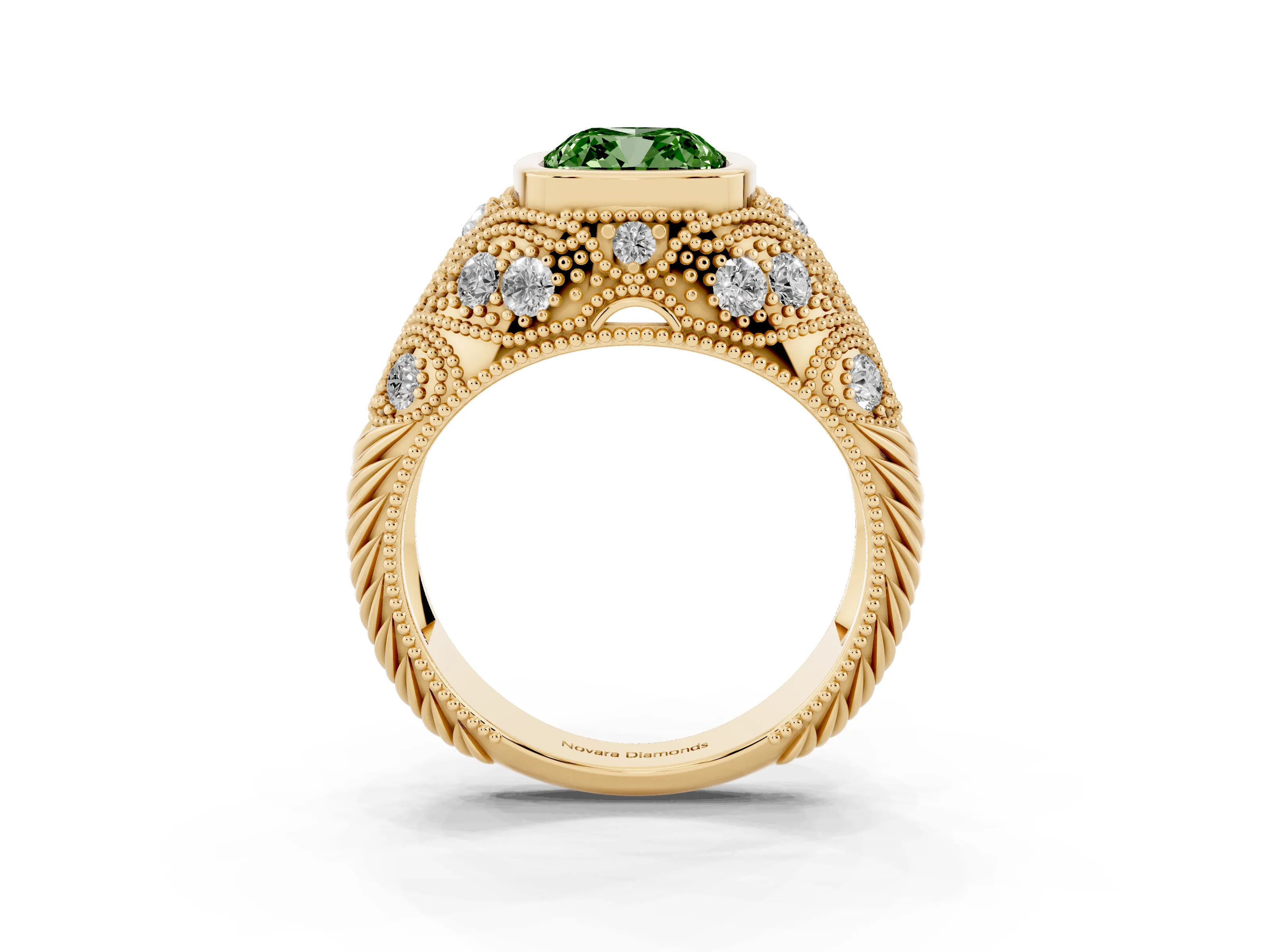 Fancy Green Cushion Cut Diamond Bezel Ring Set in Yellow gold with Milgrain Accent Band