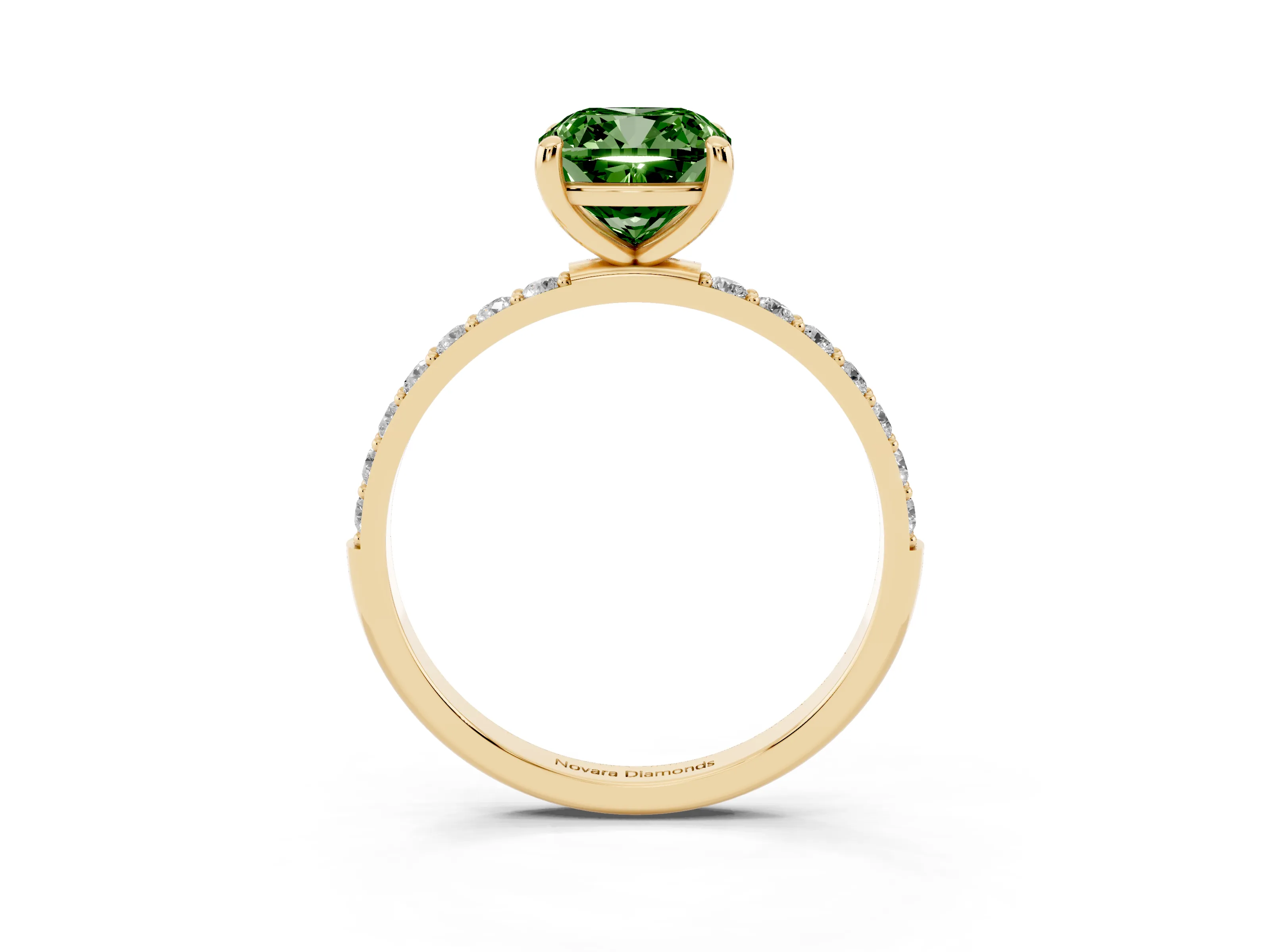 Fancy Green Cushion Cut Diamond Solitaire Ring Set in Yellow gold with Round Pavé Band and Prong Setting