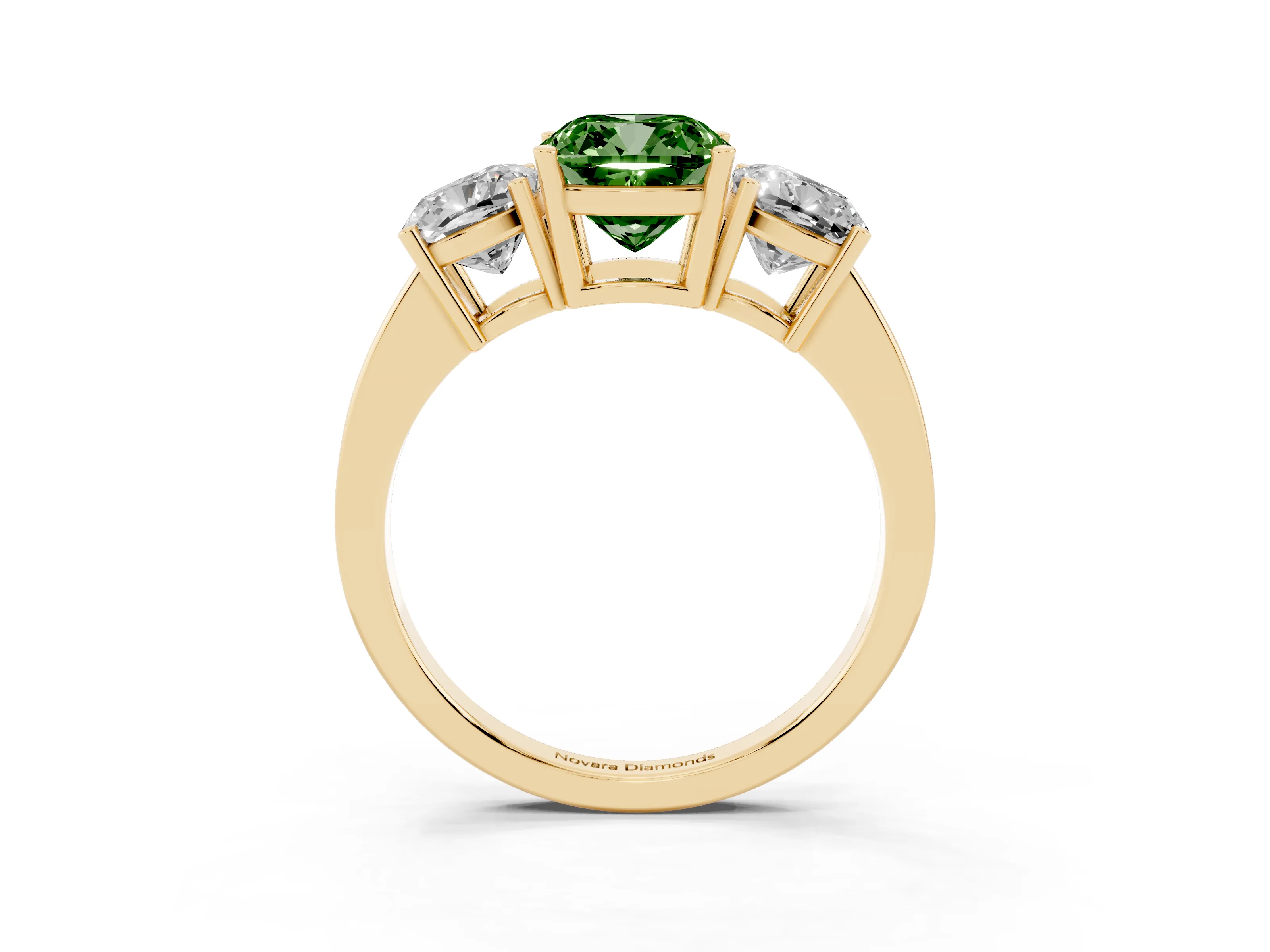 Fancy Green Cushion Cut Diamond Three-Stone Engagement Ring Set in Yellow gold with Flat Band