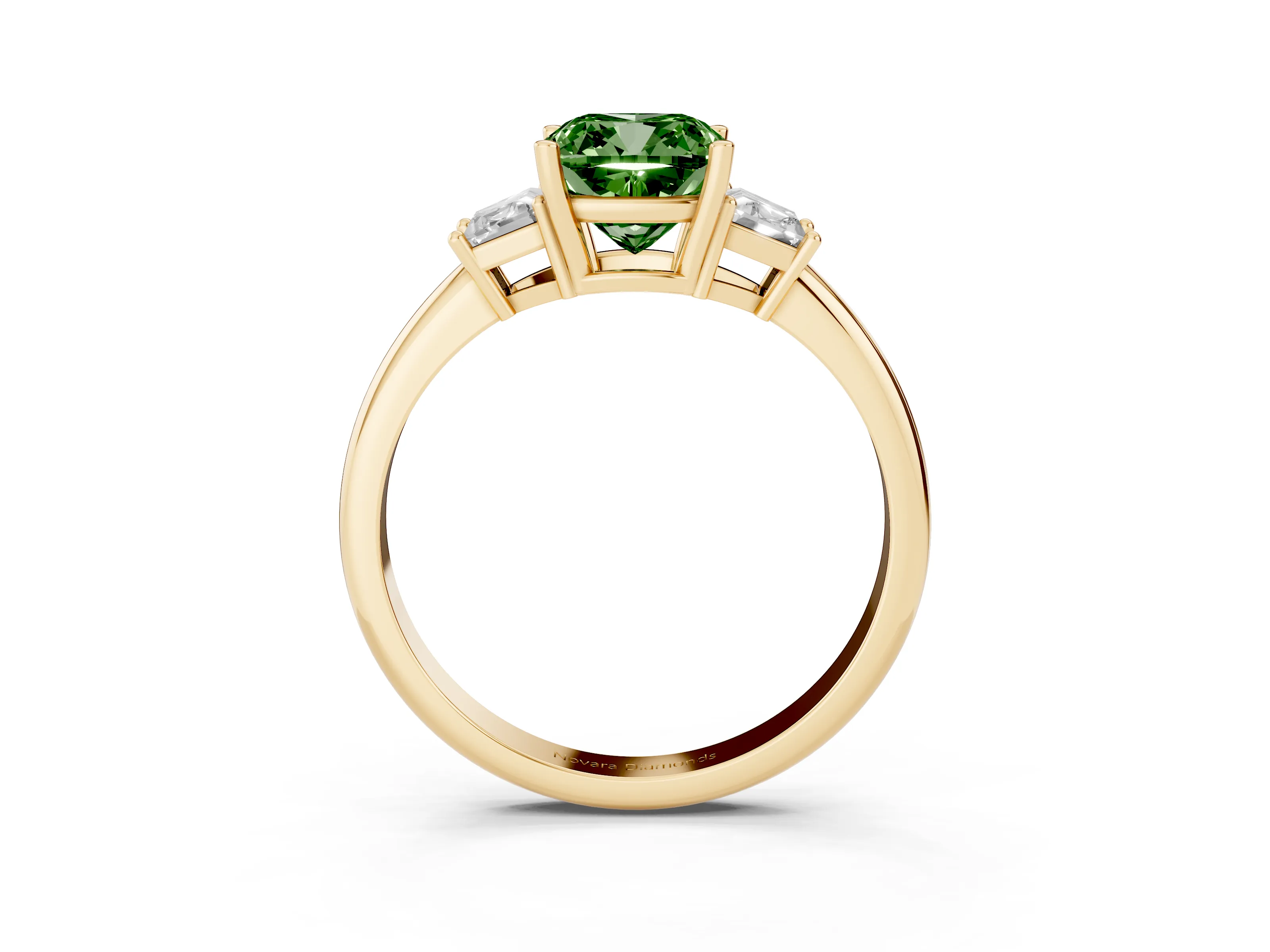 Fancy Green Cushion Cut Diamond Three-Stone Ring Set in Yellow gold with Trapezoid Side Stones and Prong Setting