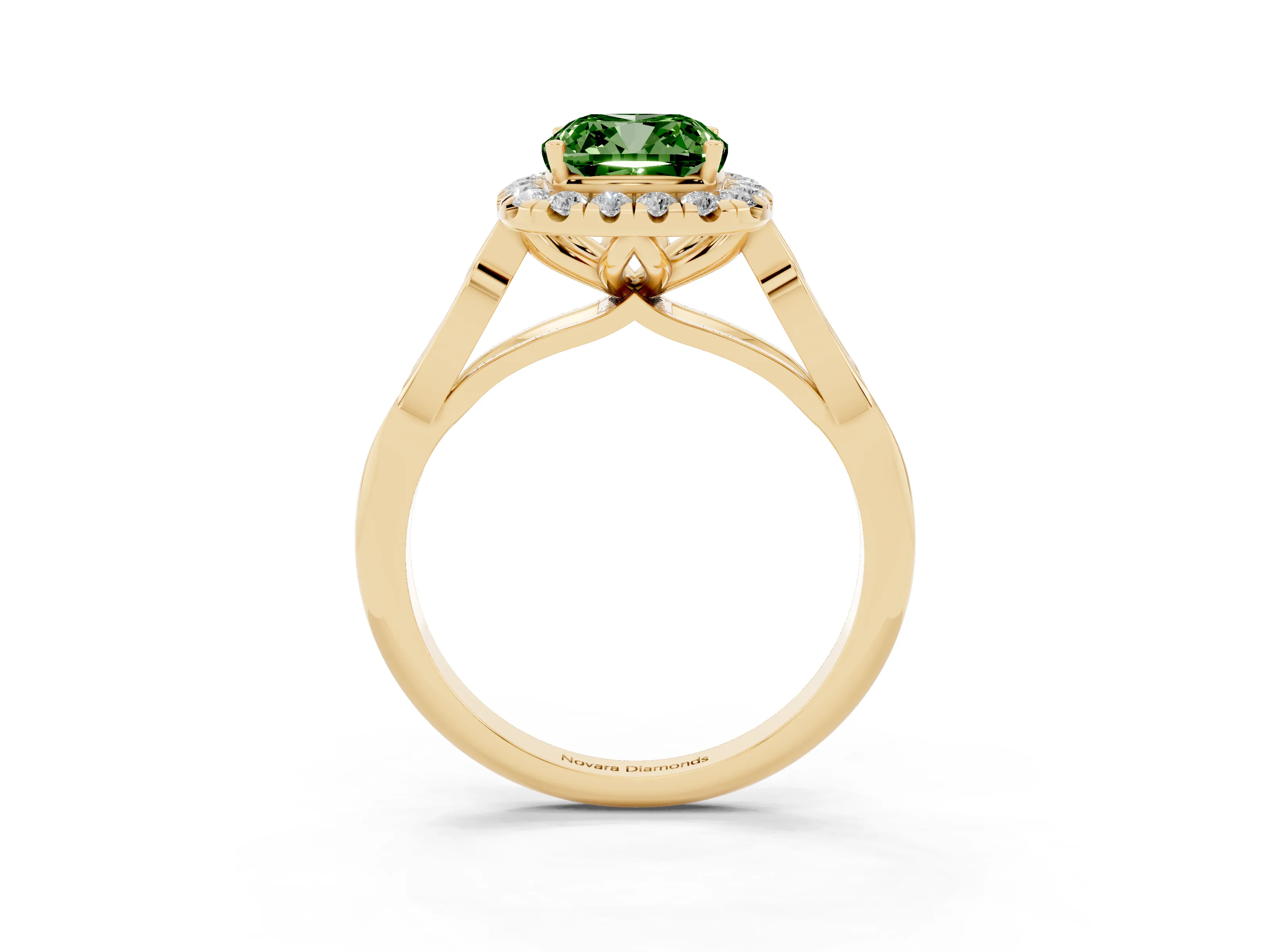Fancy Green Cushion Cut Diamond Halo Engagement Ring Set in Yellow gold with Filigree Band and Prong-Set Center