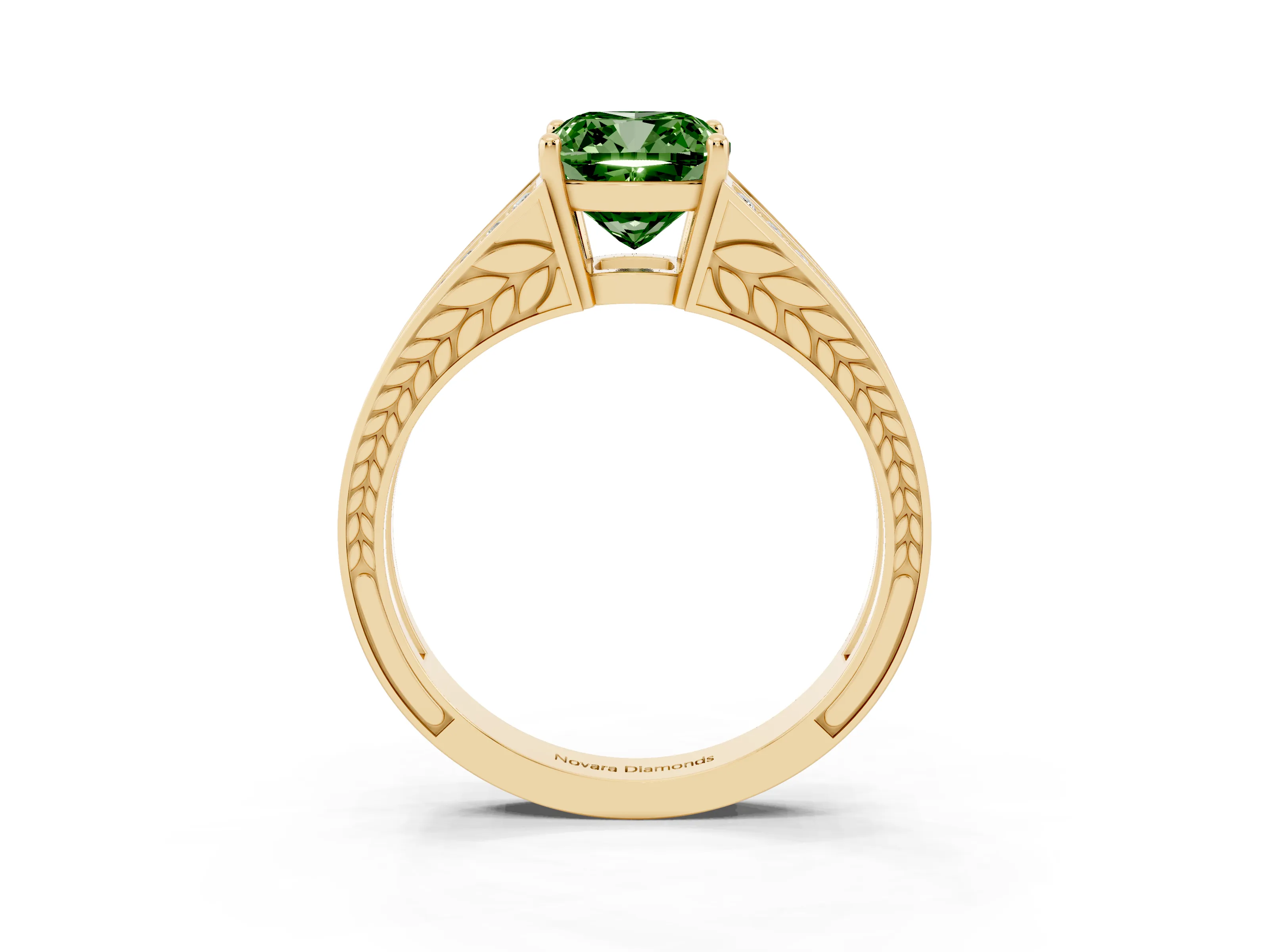 Fancy Green Cushion Cut Diamond Split Shank Ring Set in Yellow gold with Pavé Band and Prong Setting