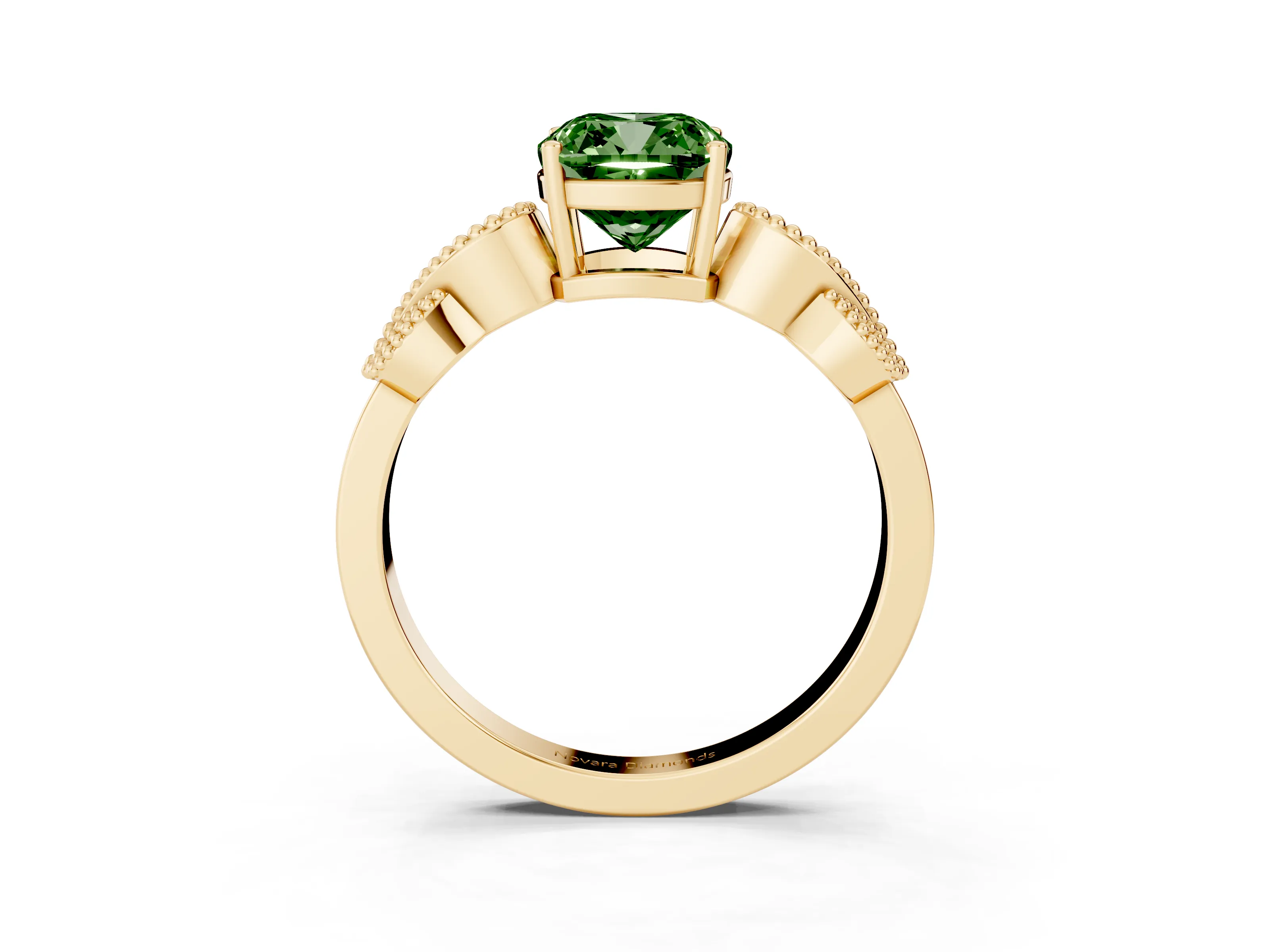 Fancy Green Cushion Cut Diamond Milgrain Leaf Band Solitaire Ring Set in Yellow gold with Accent Stones and Prong Setting