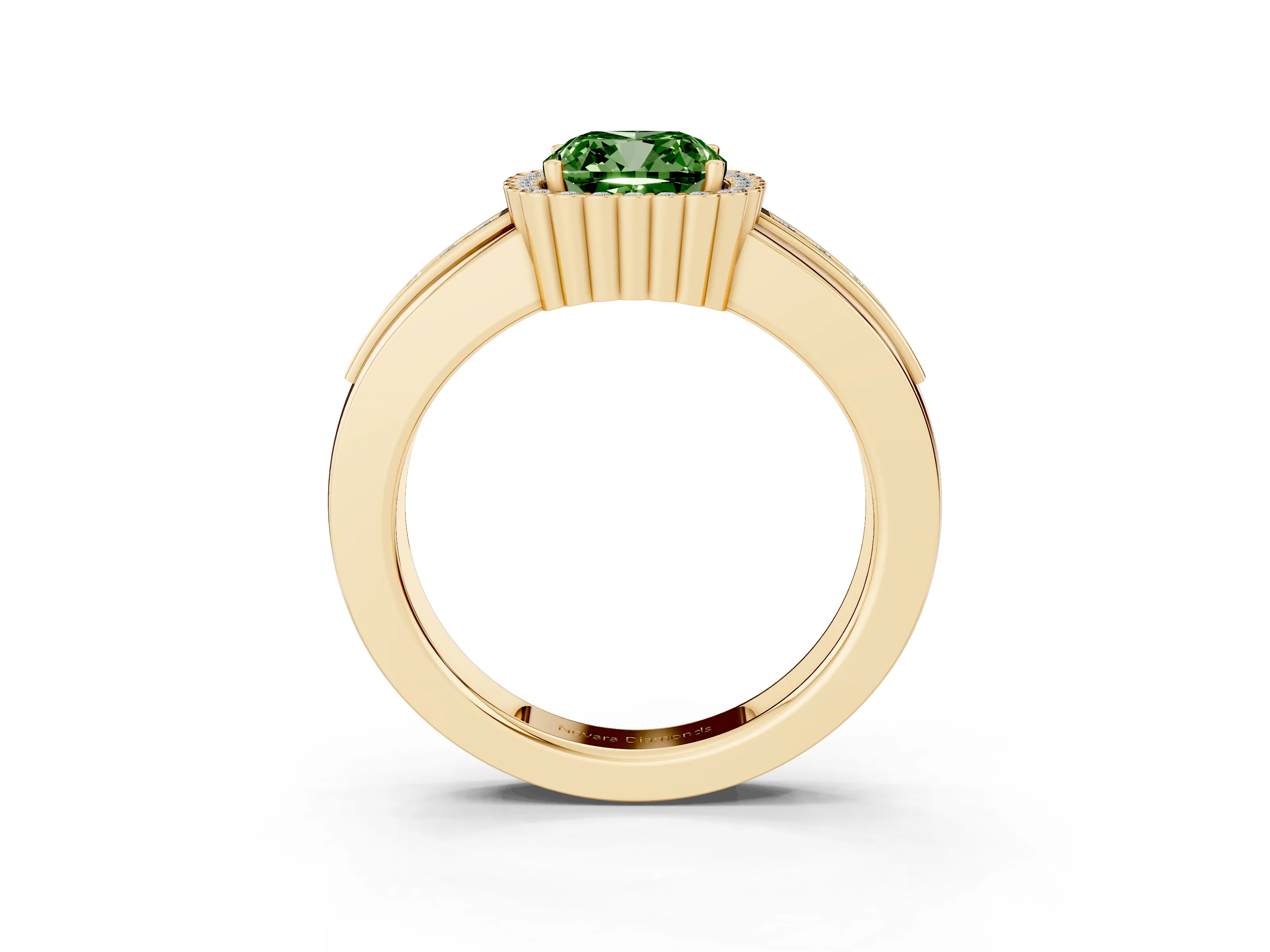 Fancy Green Cushion Cut Diamond Halo Prong Ring Set in Yellow gold with Pavé Band