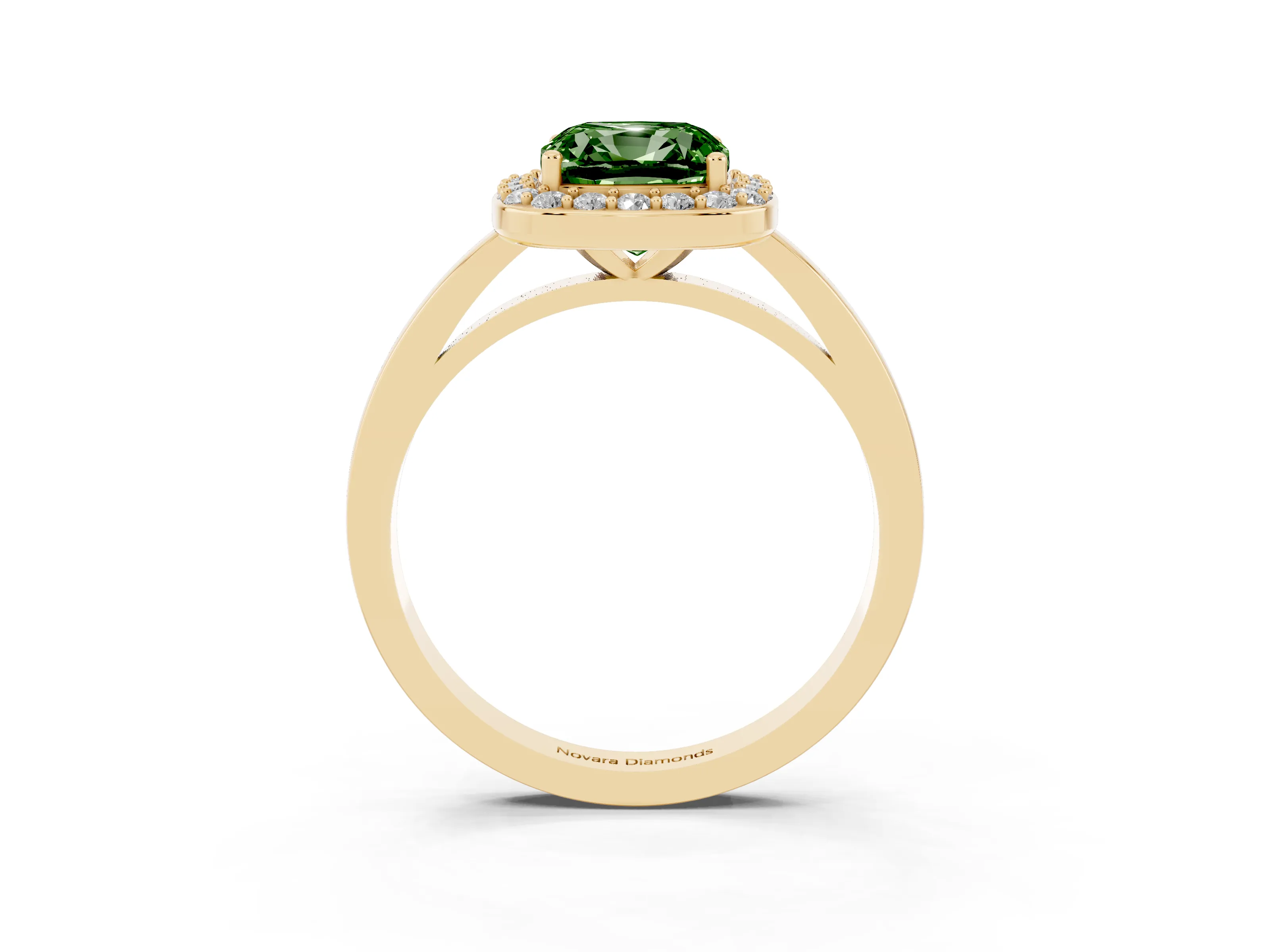Fancy Green Cushion Cut Diamond Halo Ring Set in Yellow gold with Solitaire Band and Prong Setting