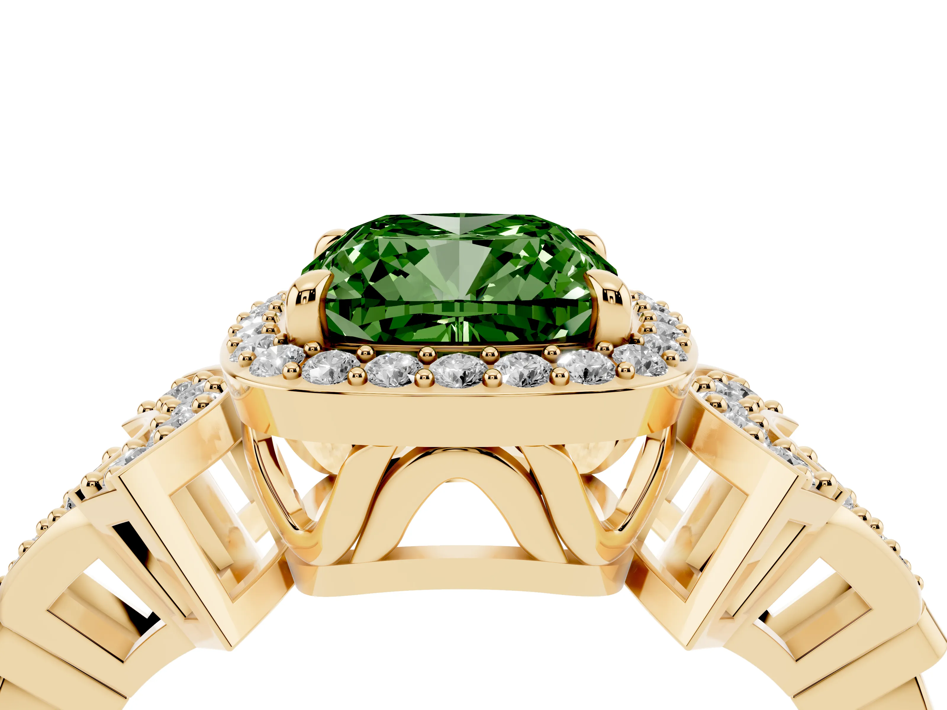 Fancy Green Cushion Cut Diamond Halo Engagement Ring Set in Yellow gold with Accent Stone Split Shank