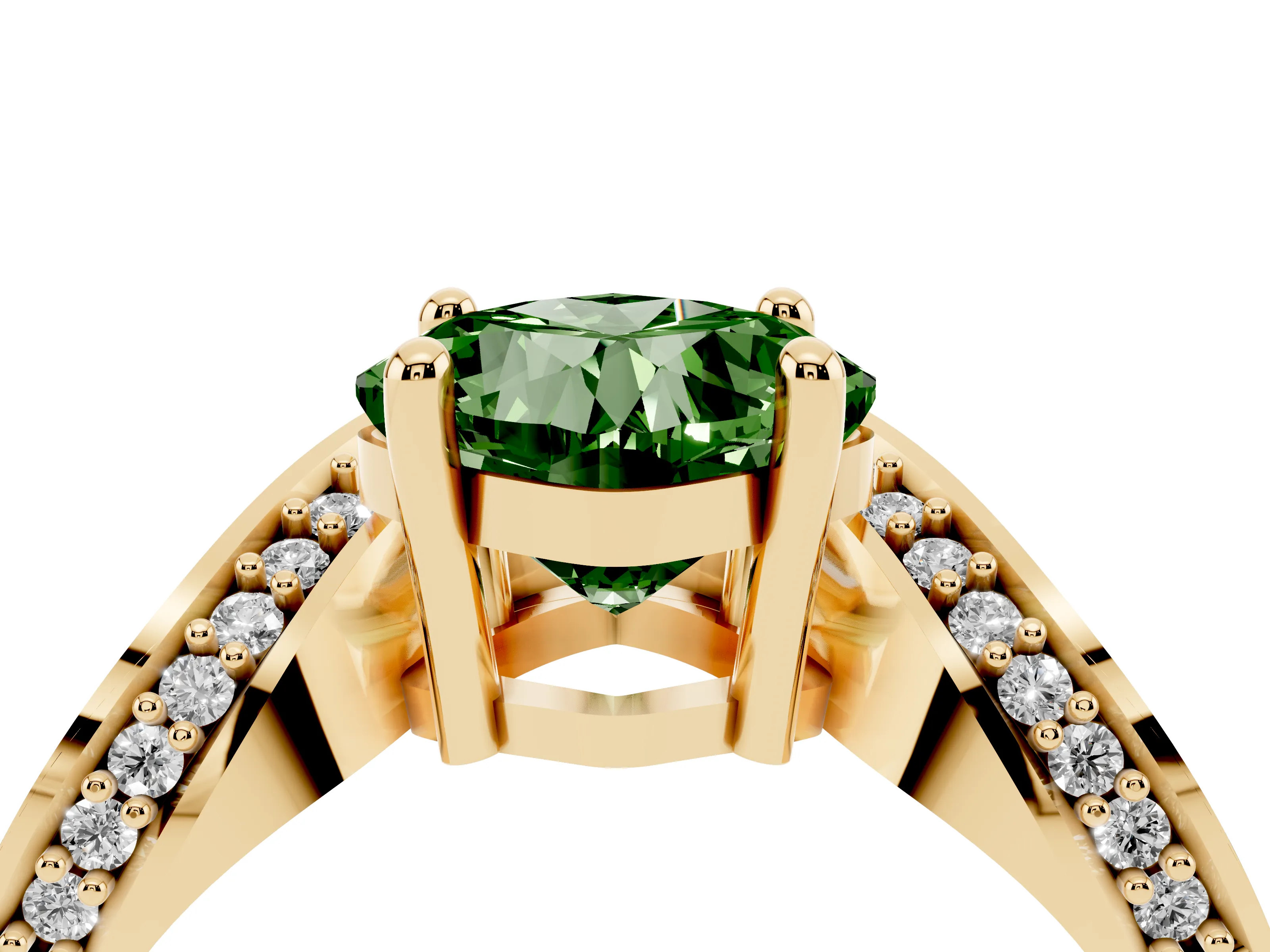 Fancy Green Cushion Cut Diamond Solitaire Engagement Ring Set in Yellow gold with Pavé Shoulders