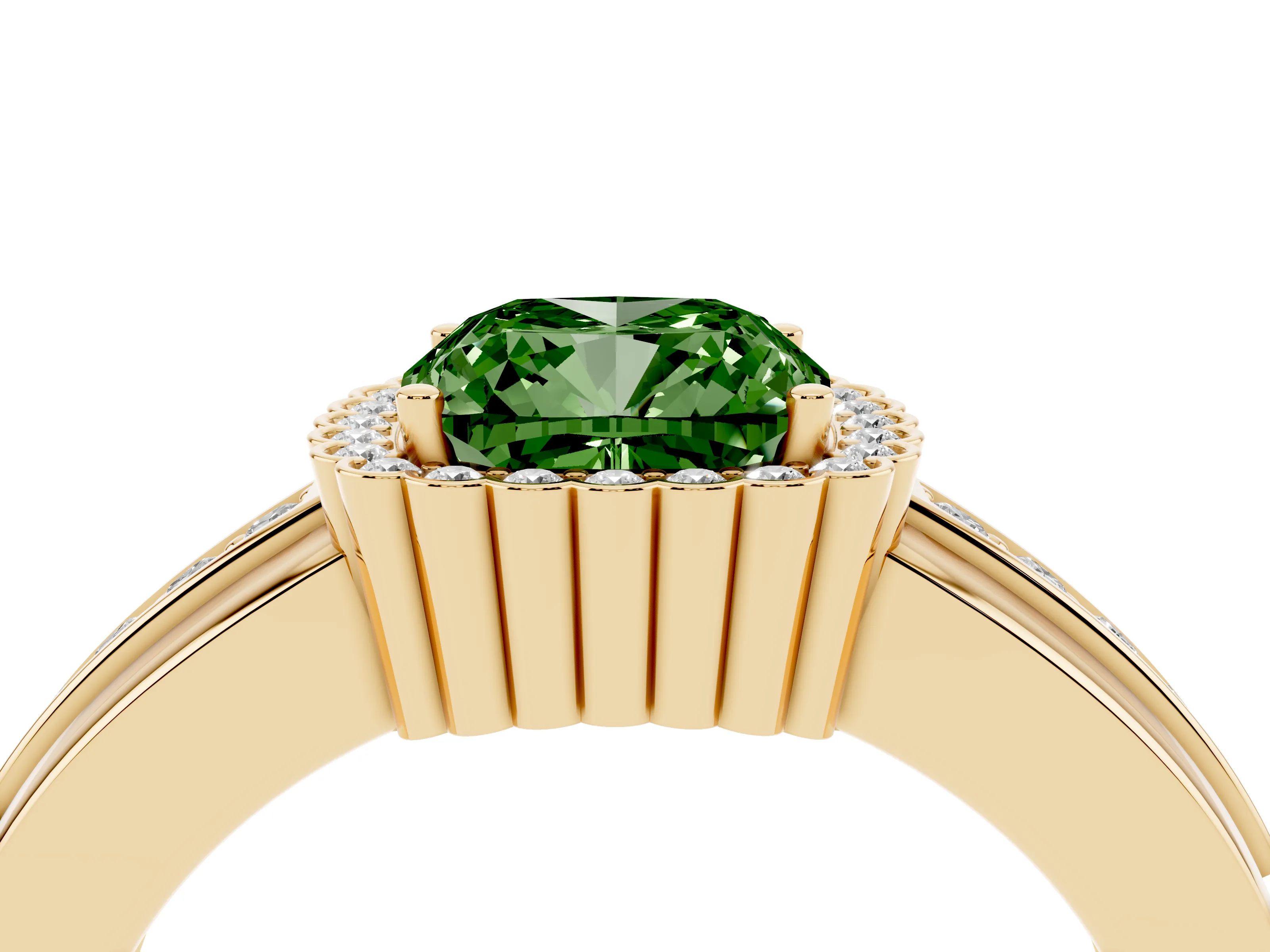 Fancy Green Cushion Cut Diamond Halo Prong Ring Set in Yellow gold with Pavé Band