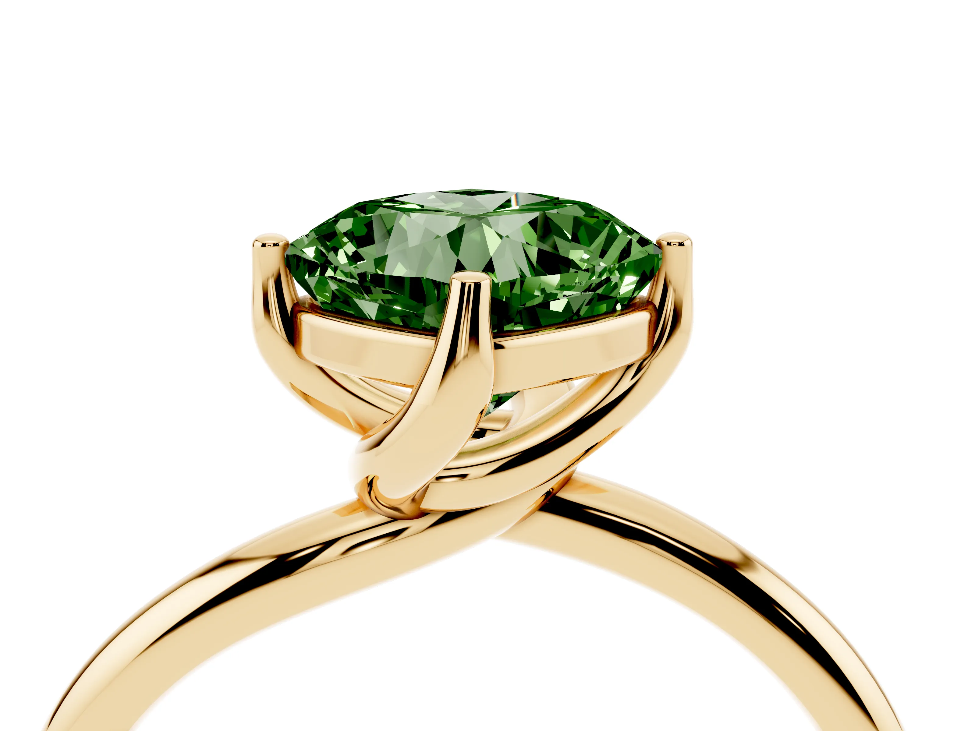 Fancy Green Cushion Cut Diamond Solitaire Engagement Ring Set in Yellow gold with Classic Plain Band