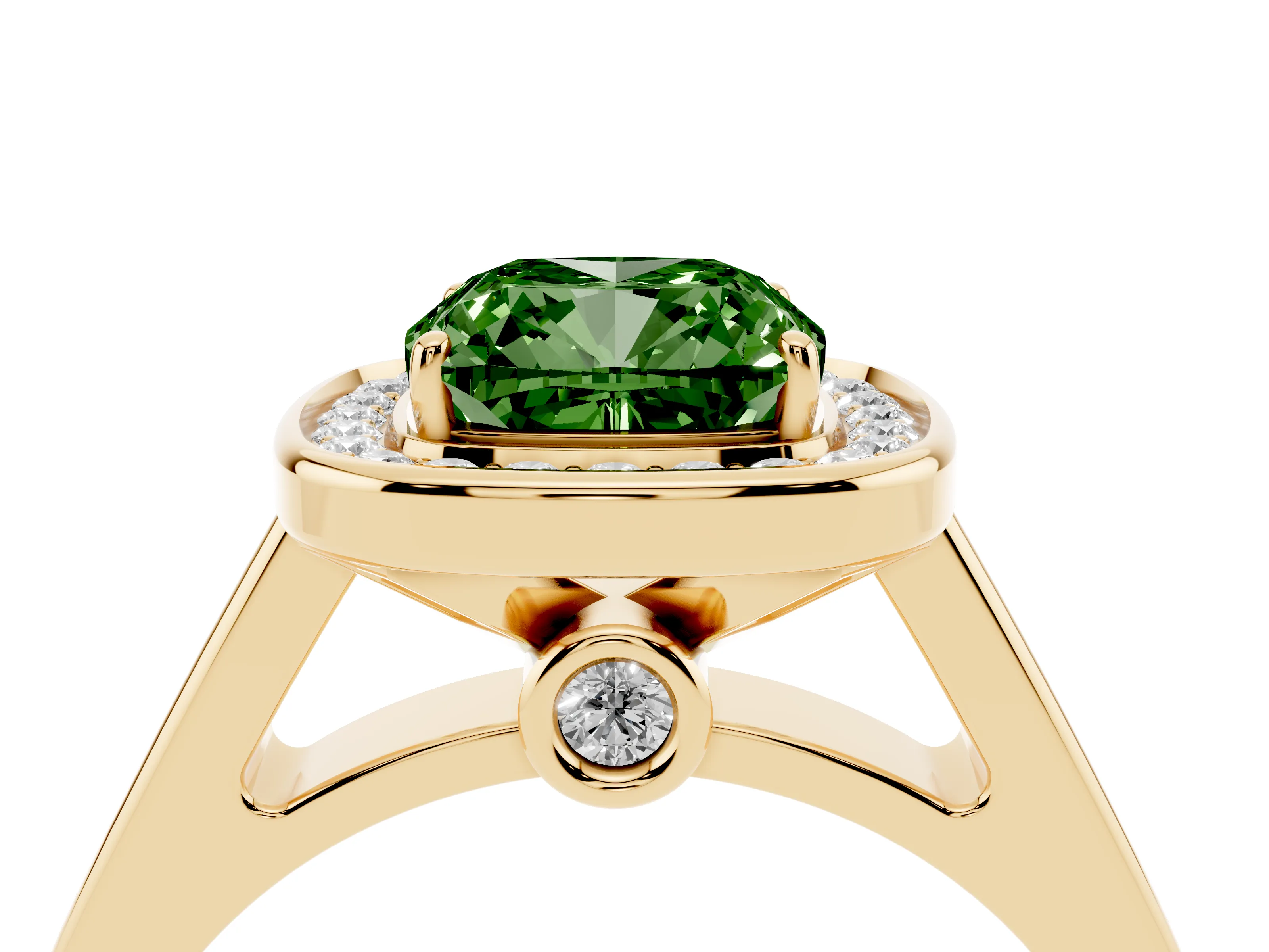Fancy Green Cushion Cut Diamond Halo Solitaire Ring Set in Yellow gold with Pavé Band and Bezel Setting