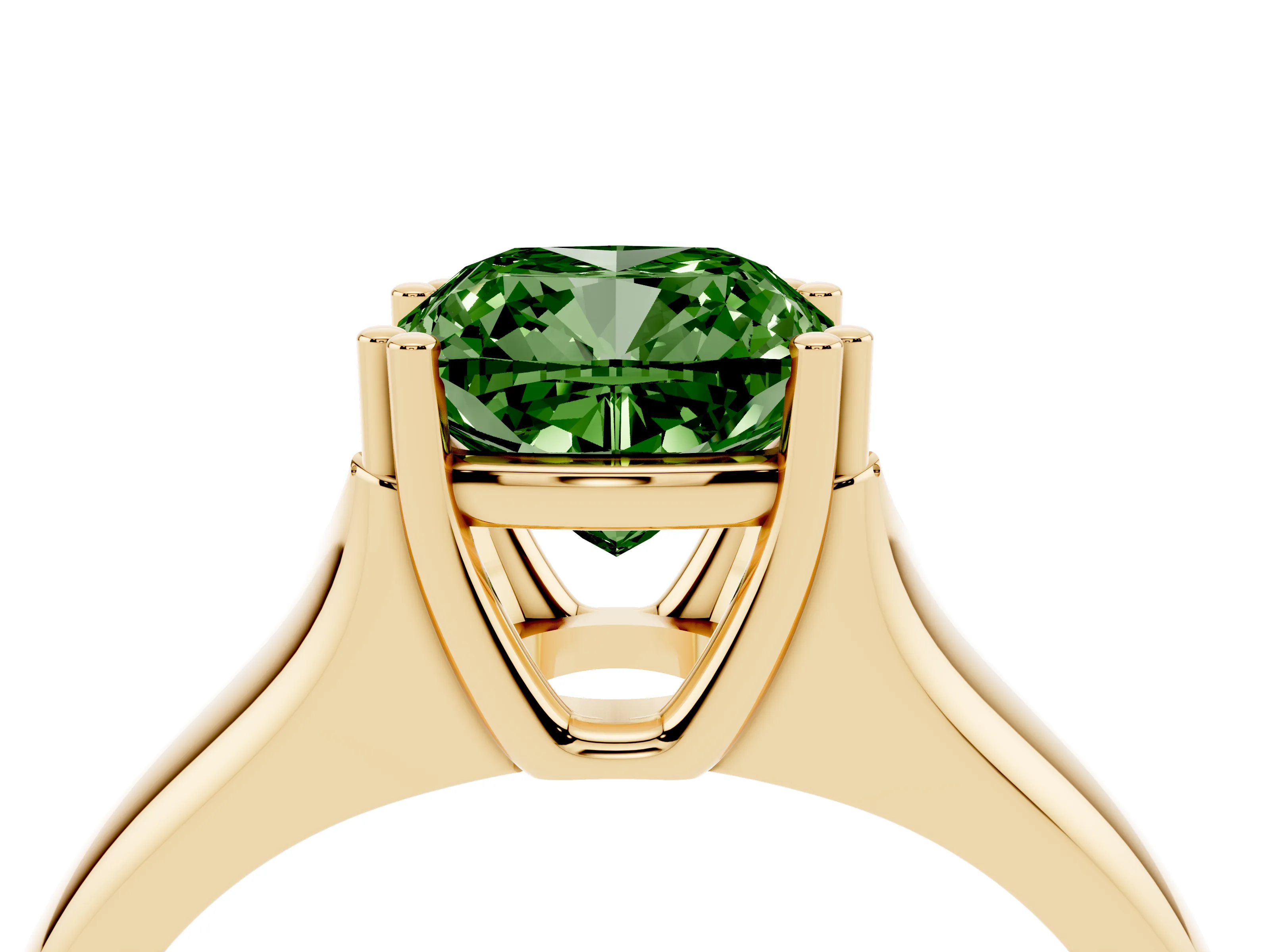 Fancy Green Cushion Cut Diamond Solitaire Ring Set in Yellow gold with Wide Band and Prong Setting