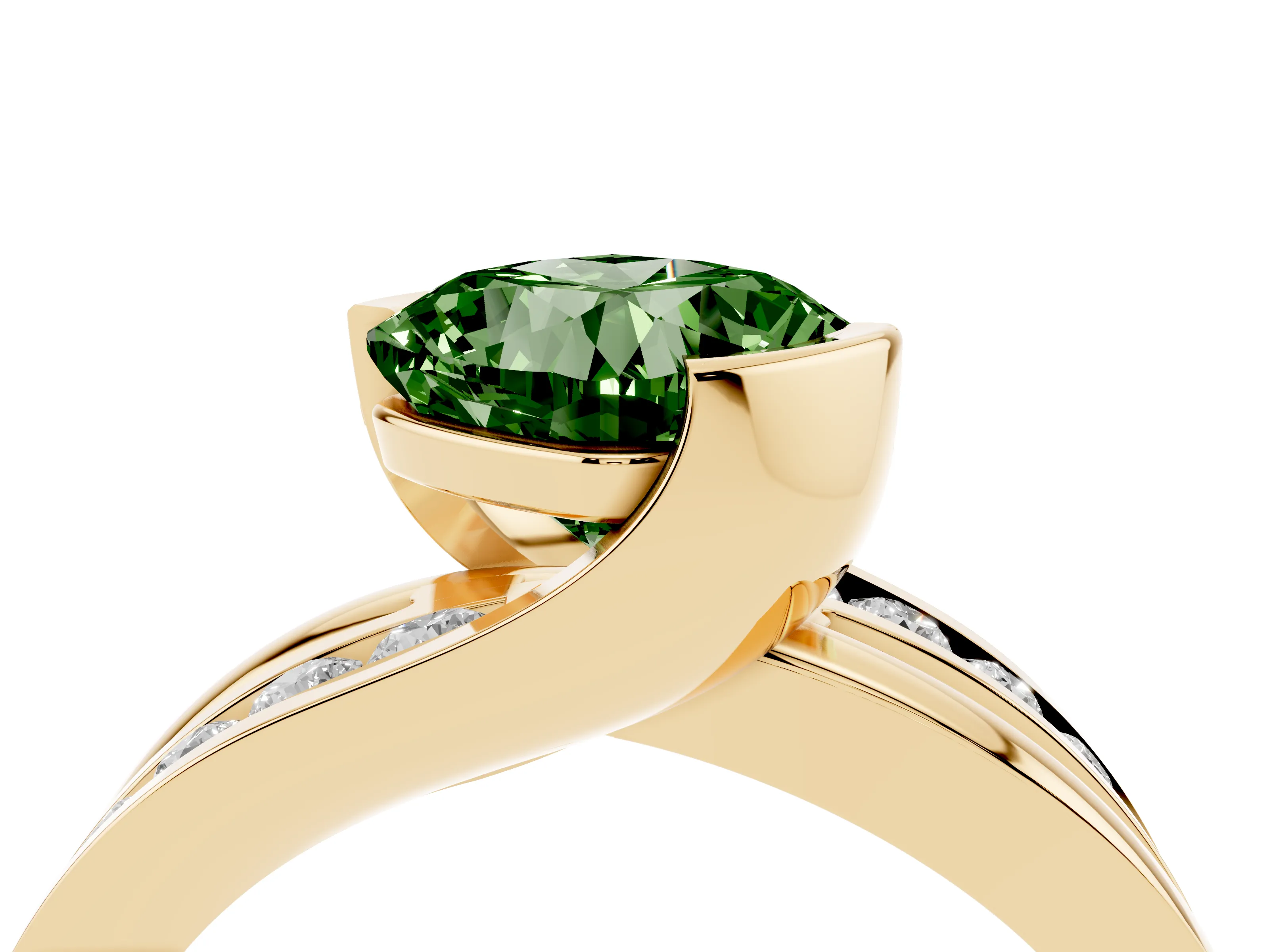 Fancy Green Cushion Cut Diamond Solitaire Ring Set in Yellow gold with Channel Set Split Shank and Tension Prongs