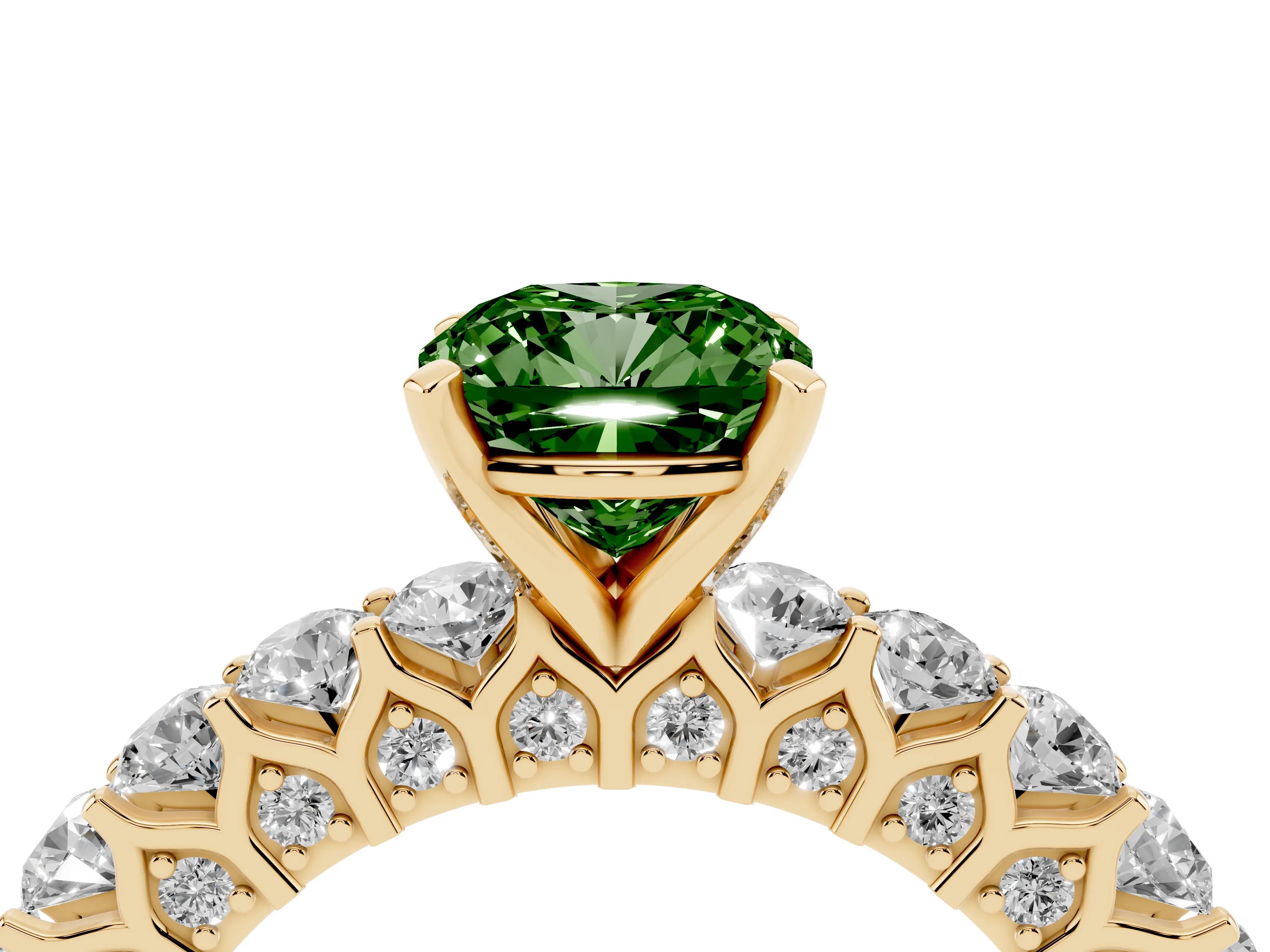 Fancy Green Cushion Cut Diamond Solitaire Ring Set in Yellow gold with Shared Prong Pavé Band