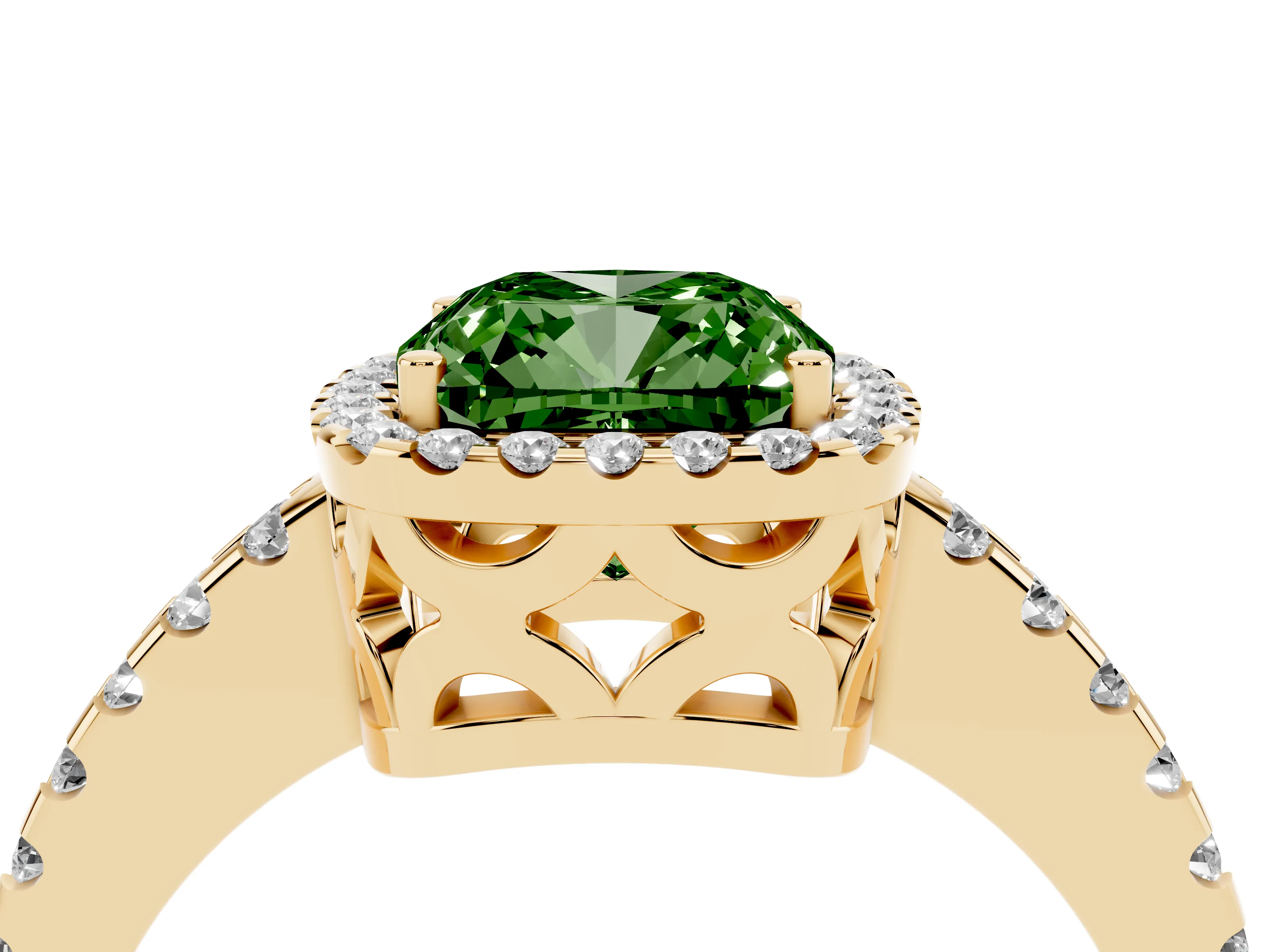 Fancy Green Cushion Cut Diamond Halo Ring Set in Yellow gold with Pavé Shoulders and Halo-Framed Center