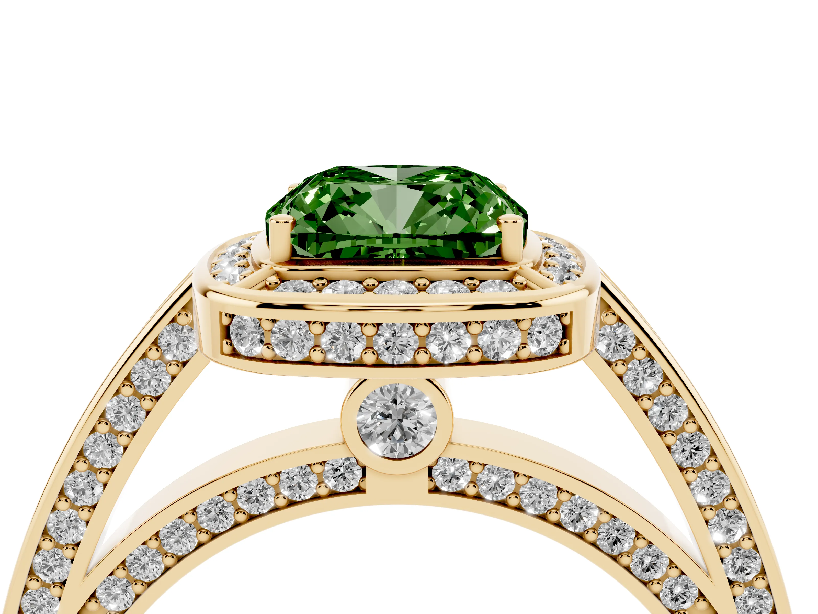 Fancy Green Cushion Cut Diamond Halo Pavé Split Shank Ring Set in Yellow gold with Prong Setting