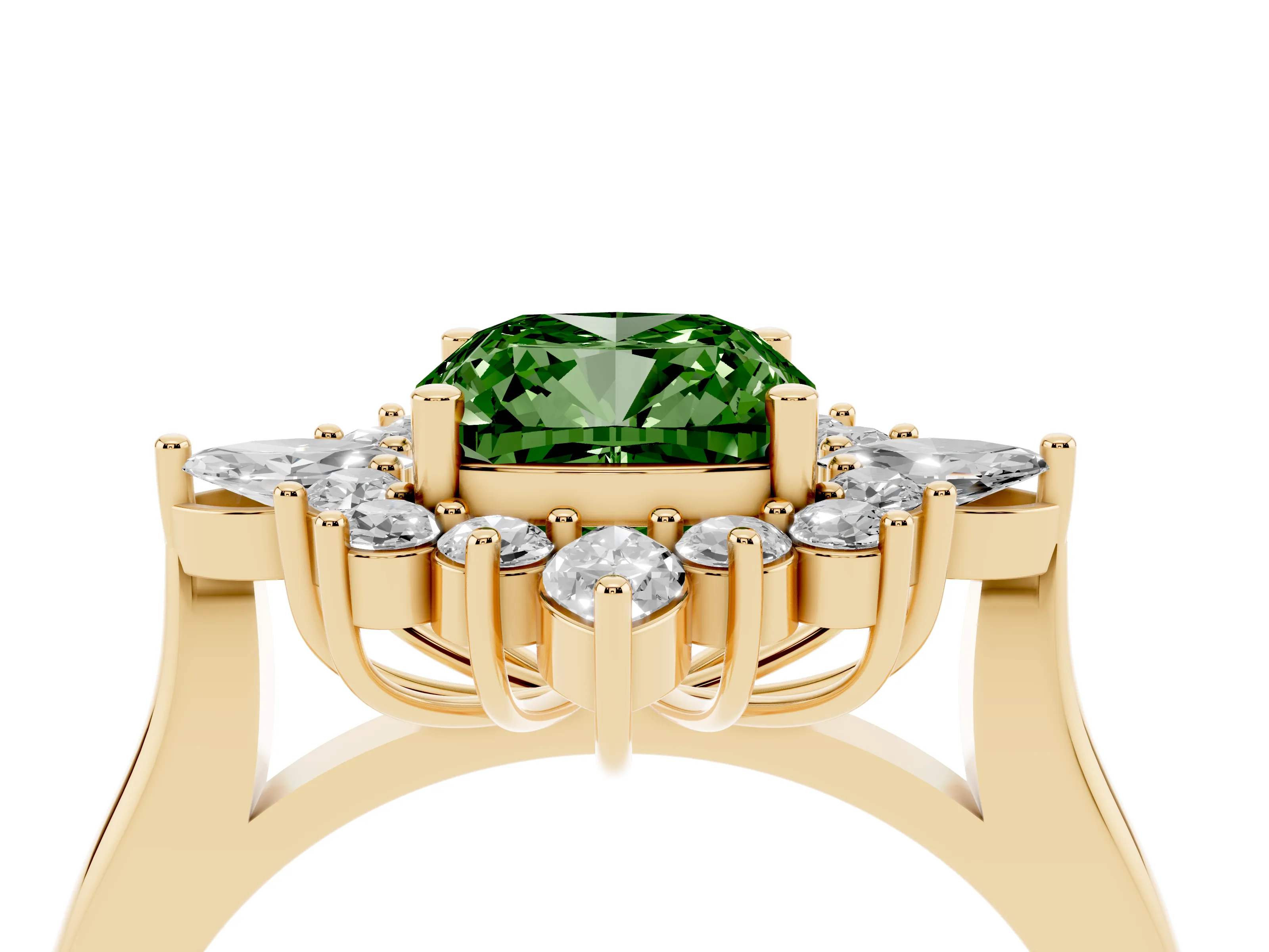 Fancy Green Cushion Cut Diamond Cluster Halo Ring Set in Yellow gold with Marquise and Round Accents