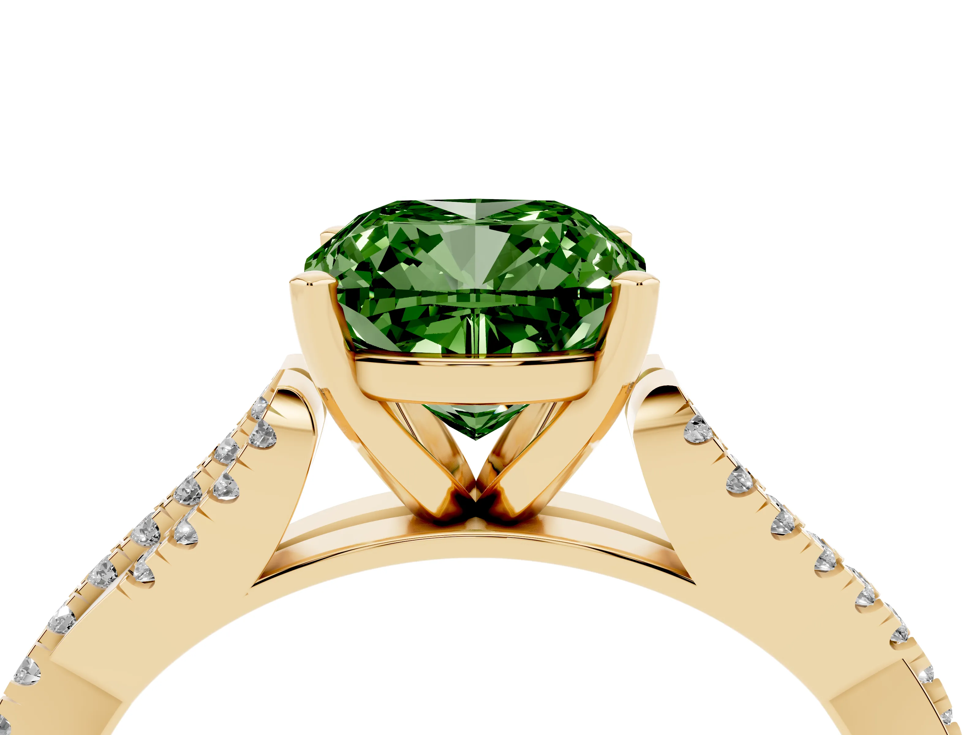 Fancy Green Cushion Cut Diamond Solitaire Engagement Ring Set in Yellow gold with Twisted Pavé Band and Prong Setting