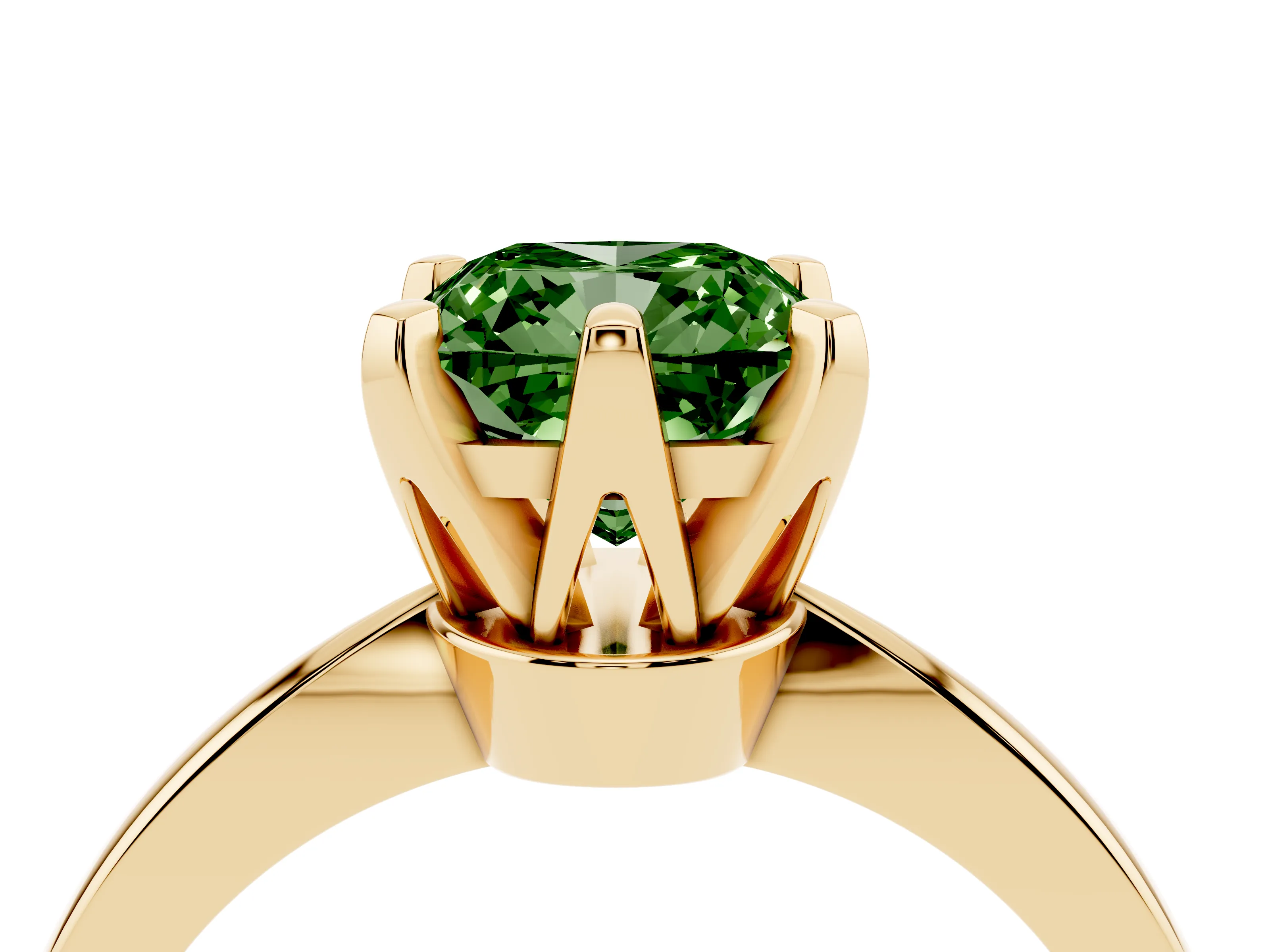 Fancy Green Cushion Cut Diamond Solitaire Engagement Ring Set in Yellow gold with Slim Tapered Solitaire Band
