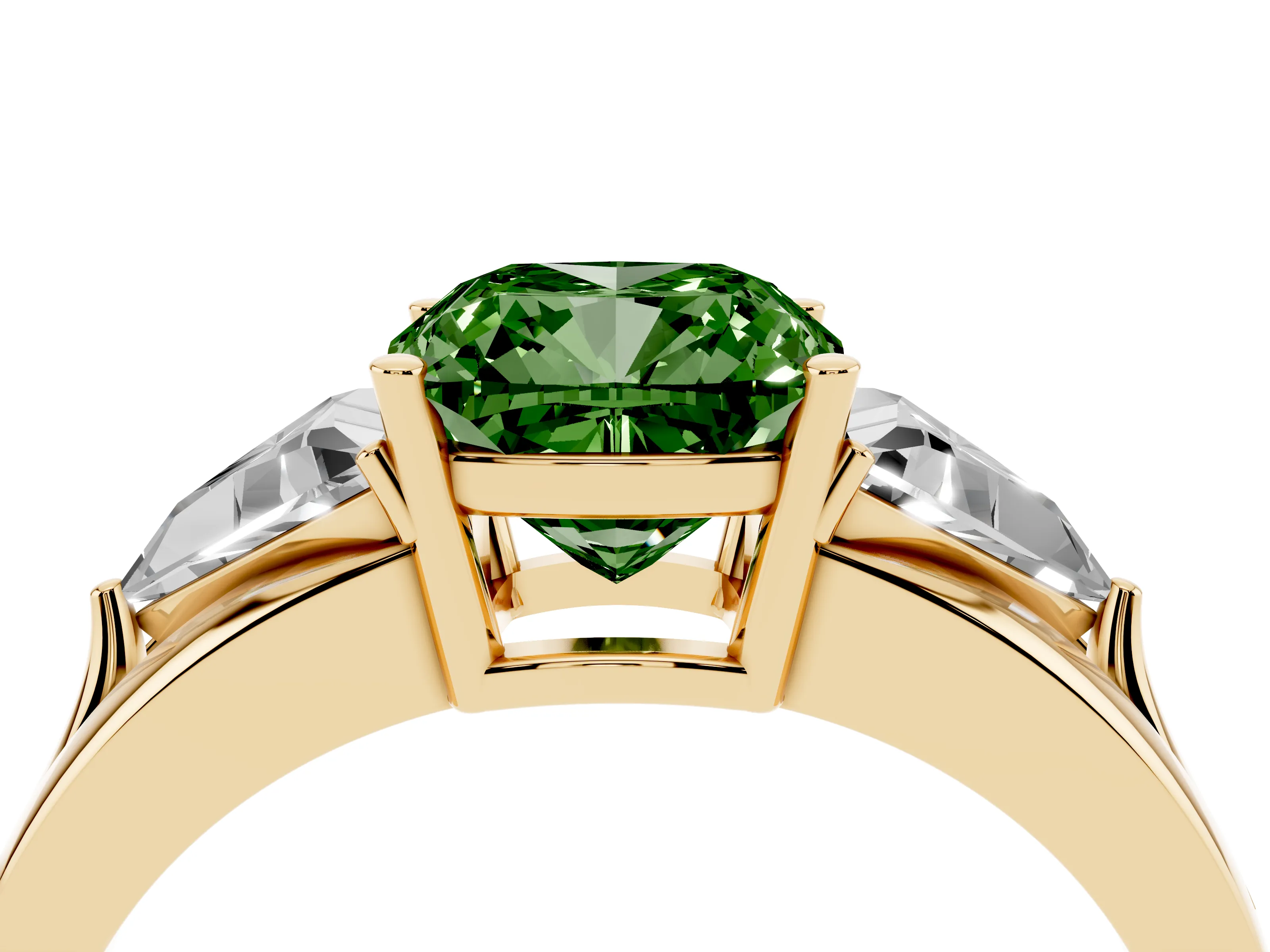 Fancy Green Cushion Cut Diamond Three-Stone Ring Set in Yellow gold with Trillion Side Stones and Split Shank