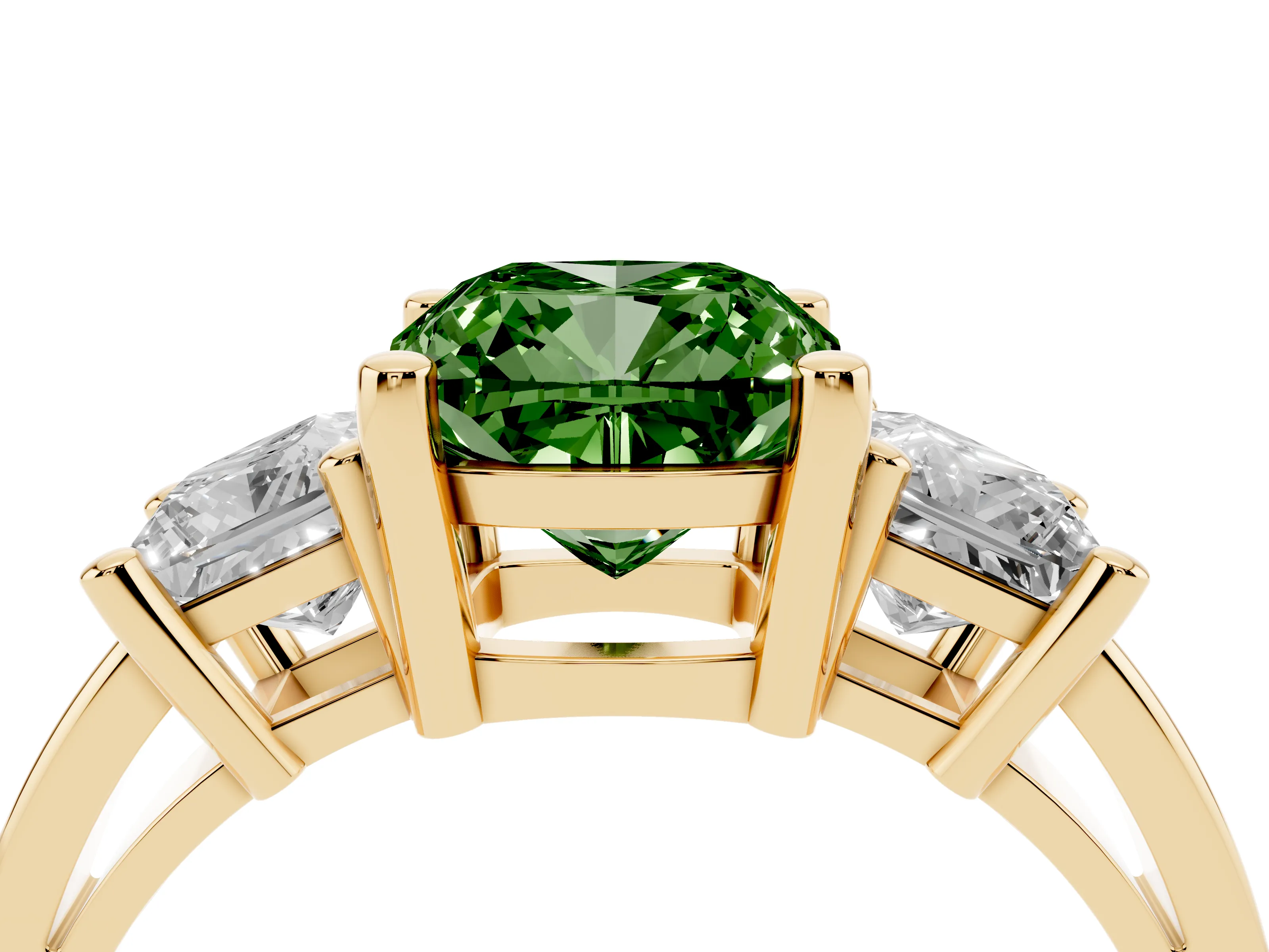 Fancy Green Three-Stone Cushion Cut Diamond Solitaire Ring Set in Yellow gold with Prong Setting