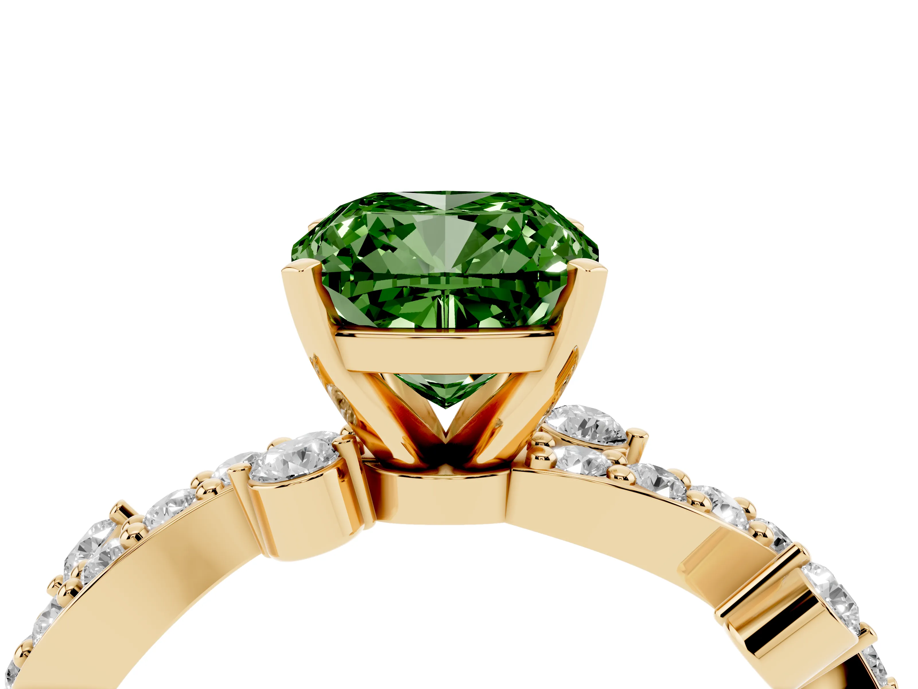 Fancy Green Cushion Cut Diamond Solitaire Twisted Band Set in Yellow gold with Pavé Setting