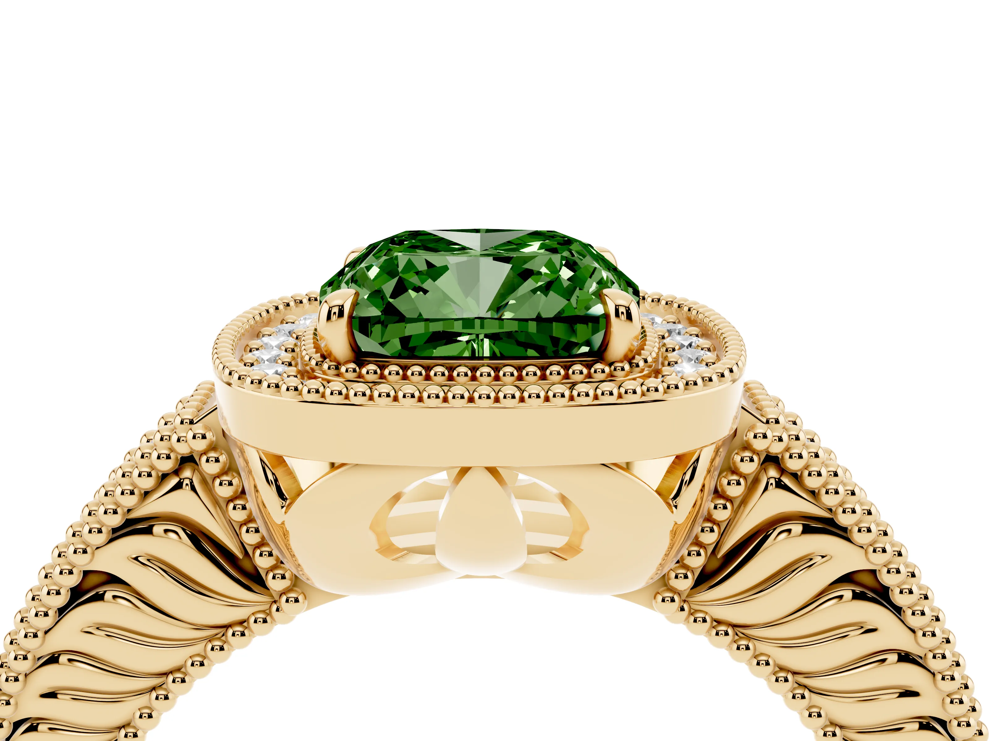 Fancy Green Cushion Cut Diamond Halo Ring Set in Yellow gold with Round Accent Halo, Pavé Band and Prong Setting