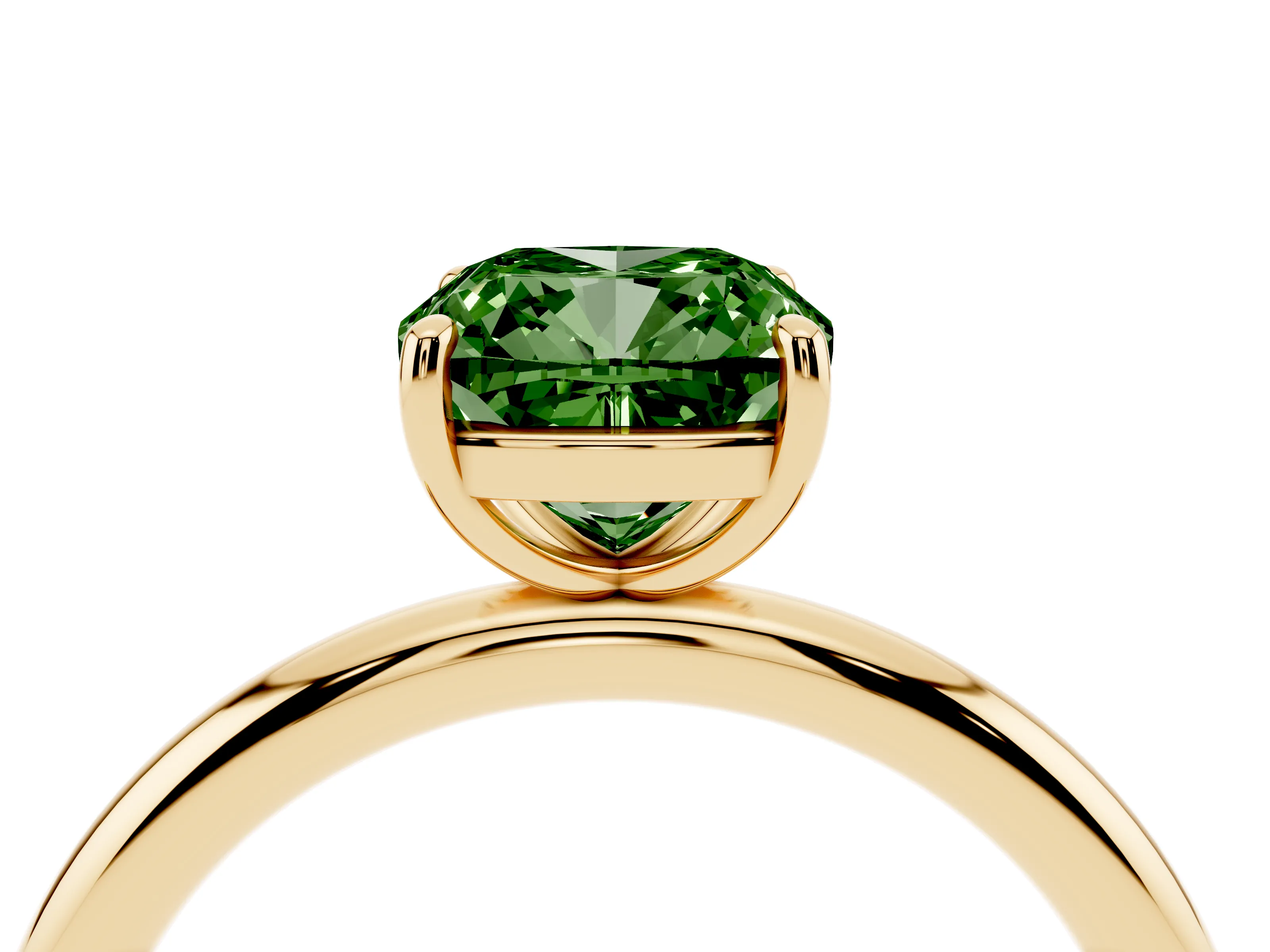 Fancy Green Cushion Cut Diamond Solitaire Ring Set in Yellow gold with Prong Setting on a Polished Plain Band