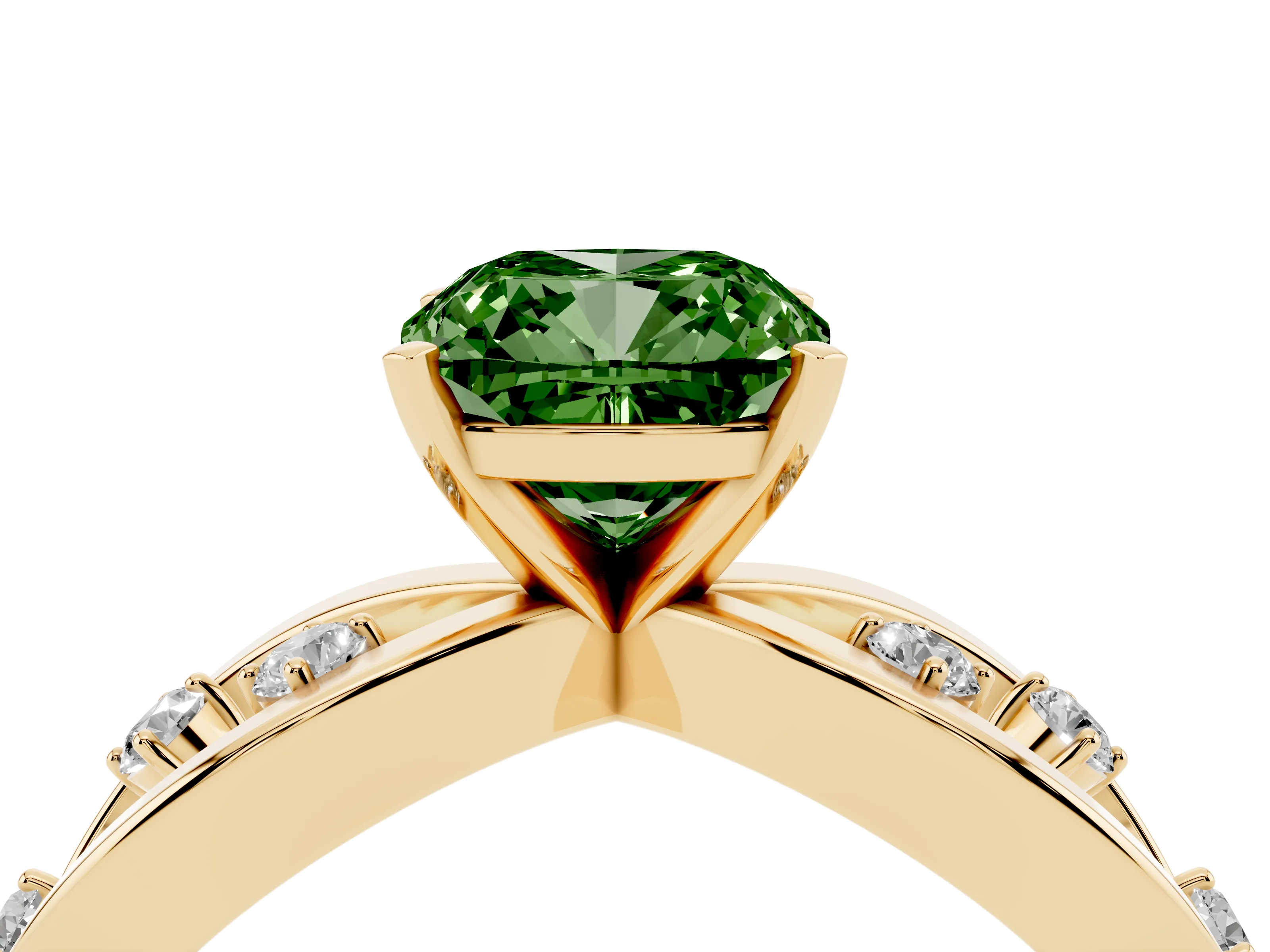 Fancy Green Cushion Cut Diamond Solitaire Ring Set in Yellow gold with Side Stones on Criss-Cross Band and Prong Setting