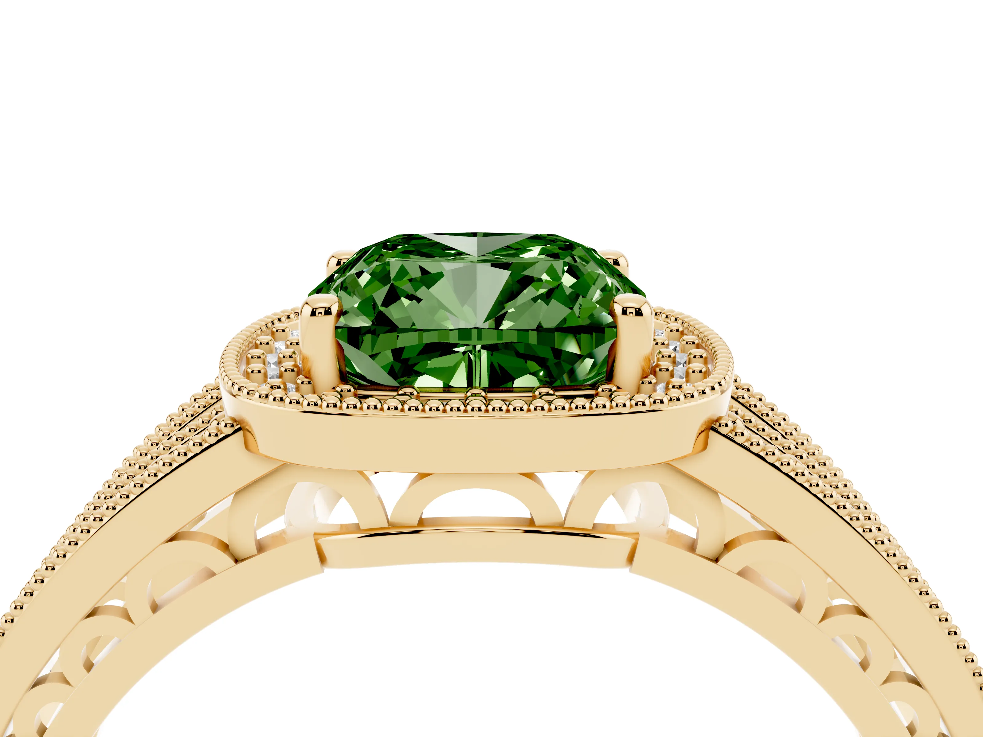 Fancy Green Cushion Cut Diamond Halo Ring Set in Yellow gold with Accent Split Shank and Prong Setting